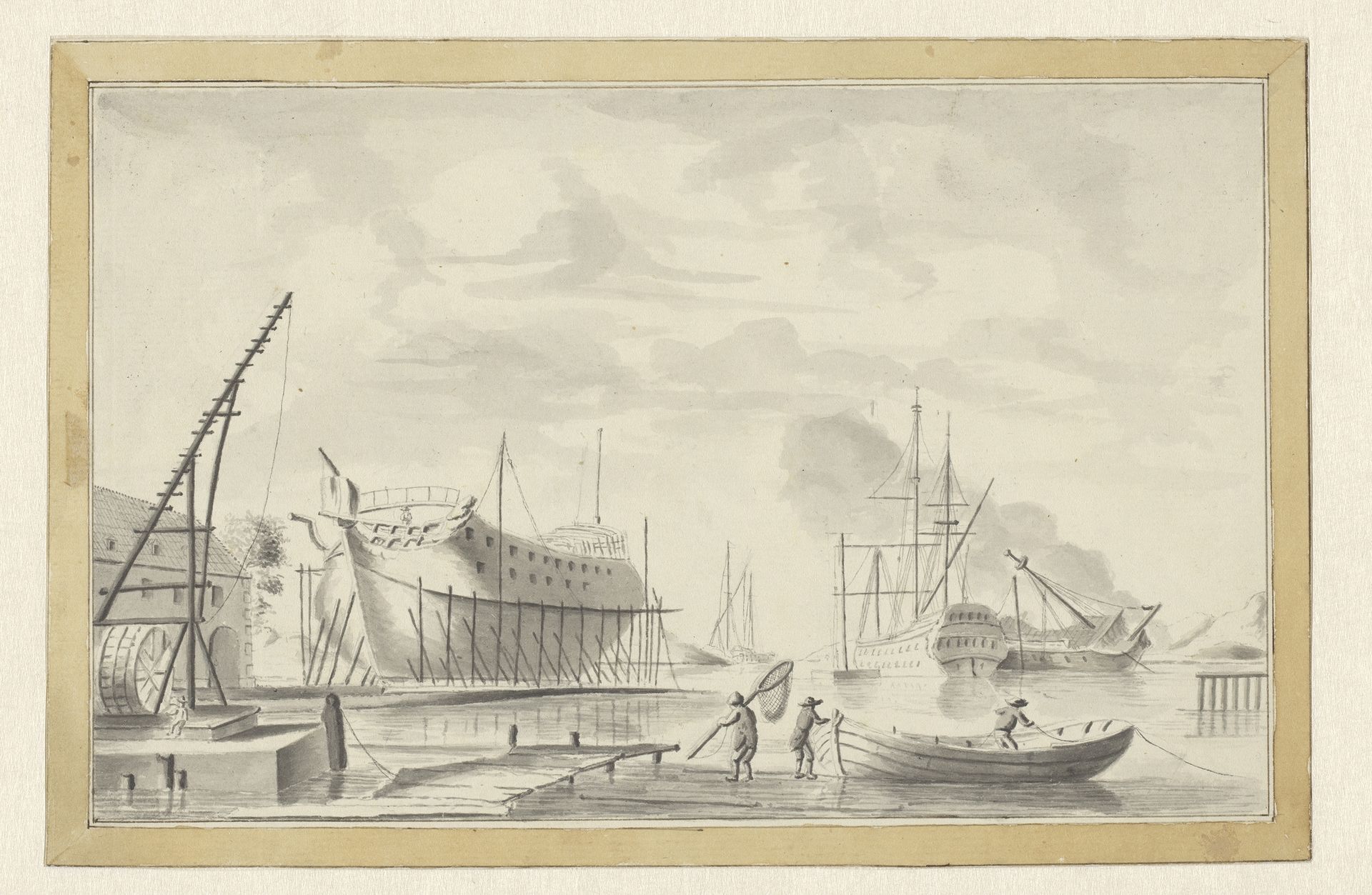 Gezicht op een scheepswerf by Cornelis Justinus Geisweit van der Netten