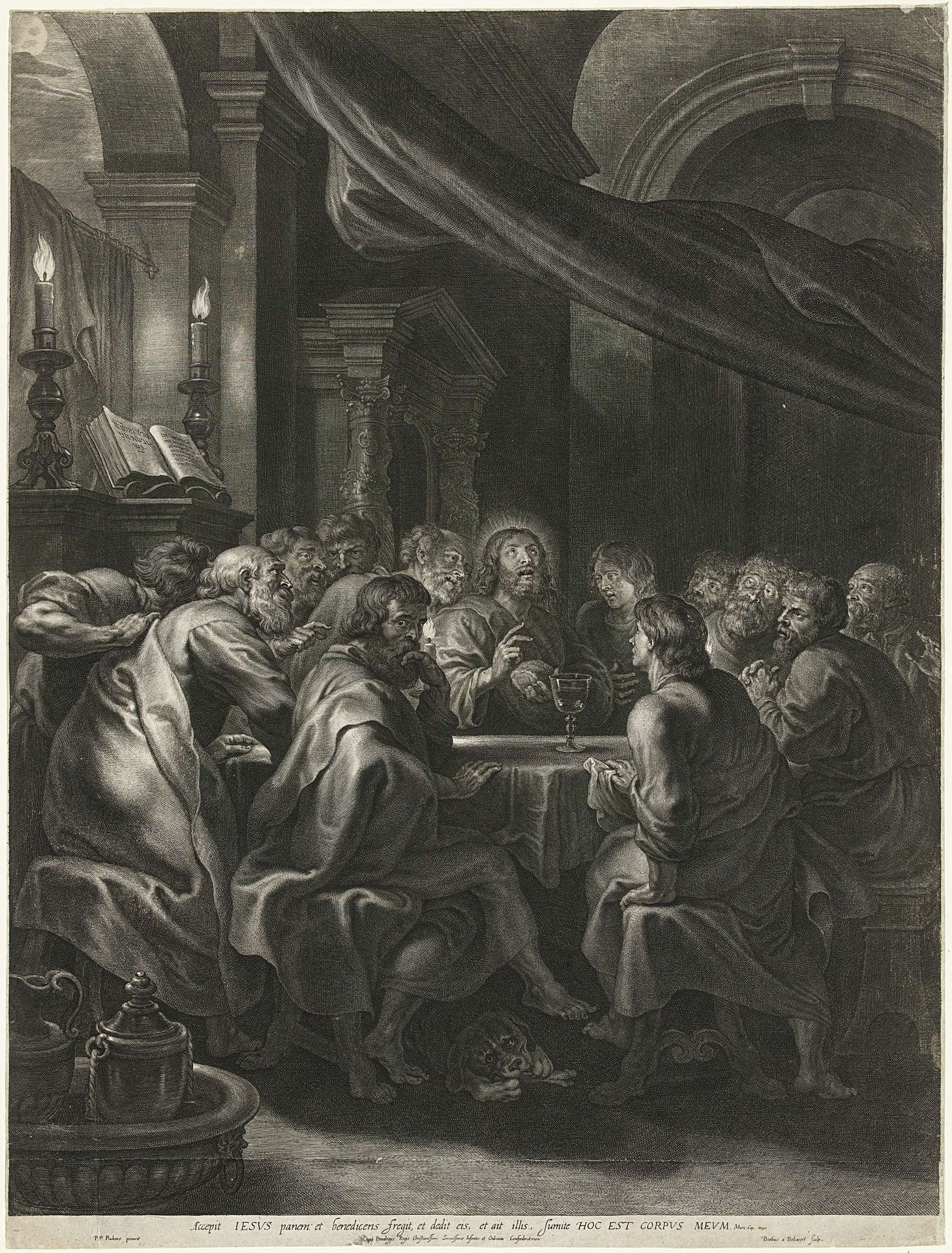 Christus en apostelen tijdens het Laatste Avondmaal by Boëtius Adamsz. Bolswert
