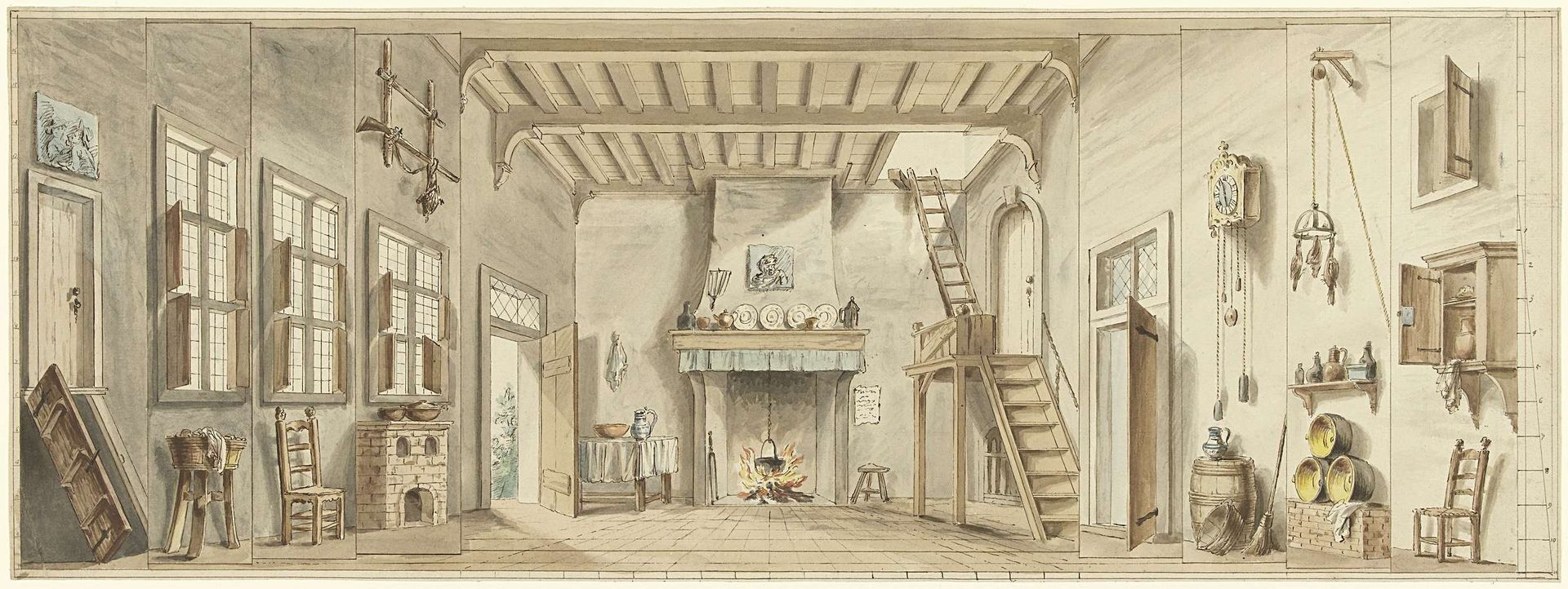Ontwerp voor een toneeldecor voor de Vlaamse opera Het Kapertje by Pieter Bartholomeusz. Barbiers