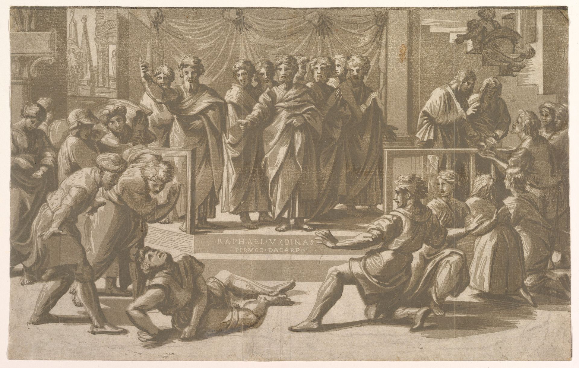 The death of Ananias, surrounded by Apostles by Ugo da Carpi