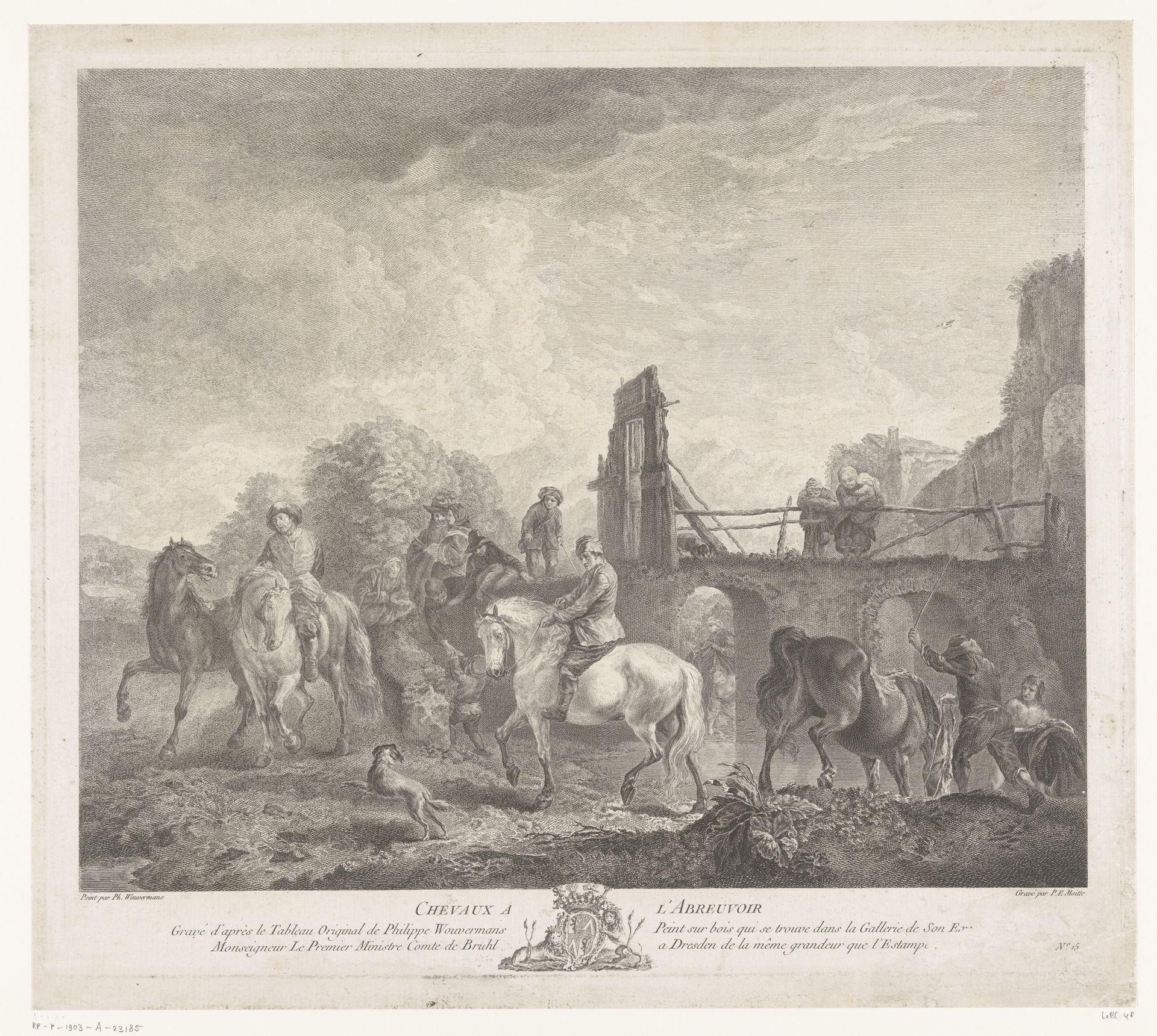 Ruiters en paarden bij een waterplaats by Pierre Etienne Moitte