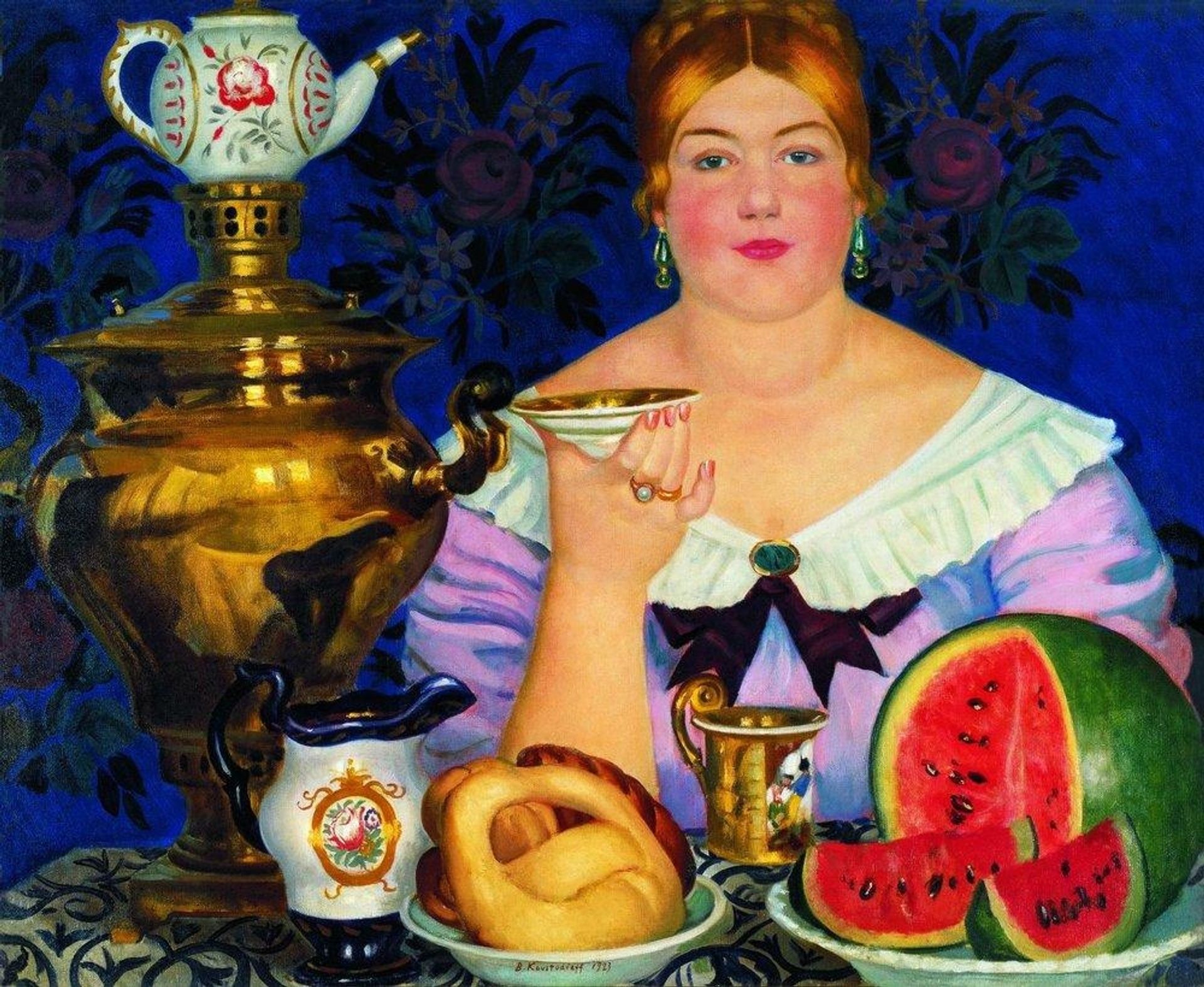 Mercahnt's Wife Drinking Tea by Boris Kustodiev