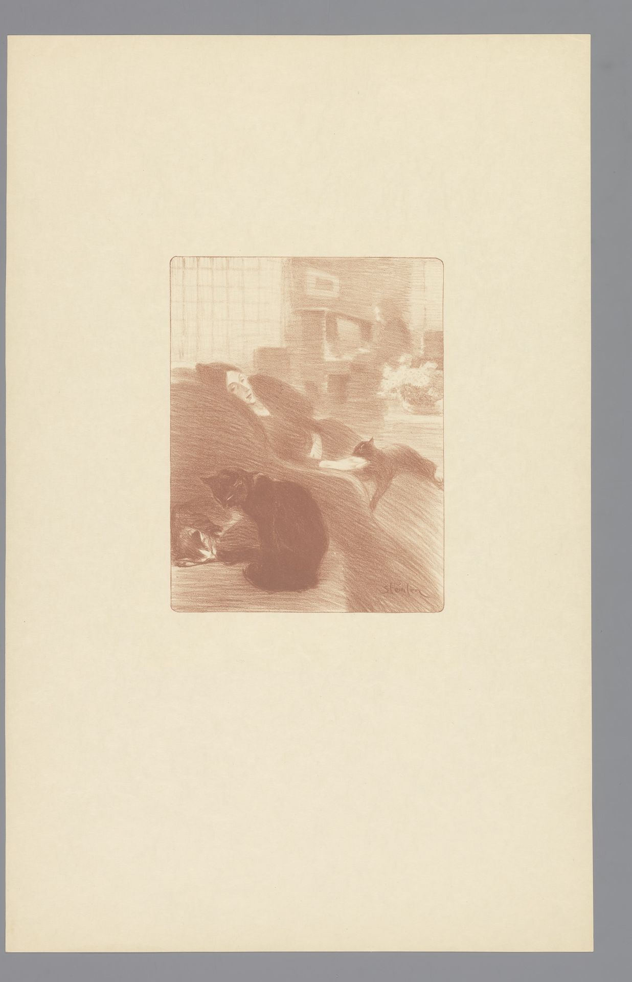 Liggende vrouw op sofa vergezeld door katten by Théophile Alexandre Steinlen
