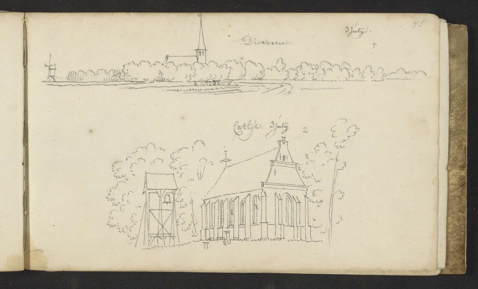 Gezichten op Diever en de kerk te Katlijk by Abraham de (II) Haen