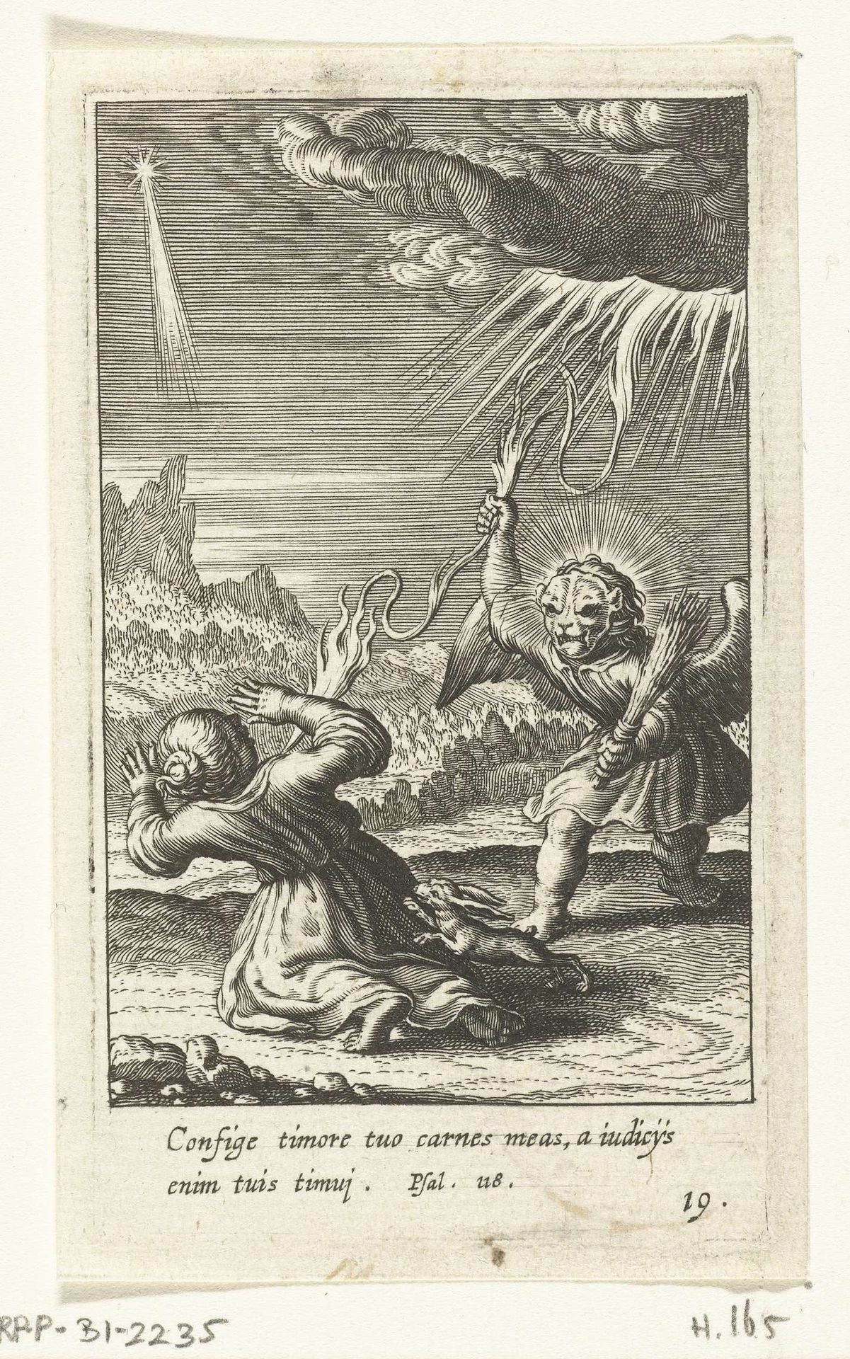 Engel met masker en bliksemschicht maakt kind bang by Boëtius Adamsz. Bolswert