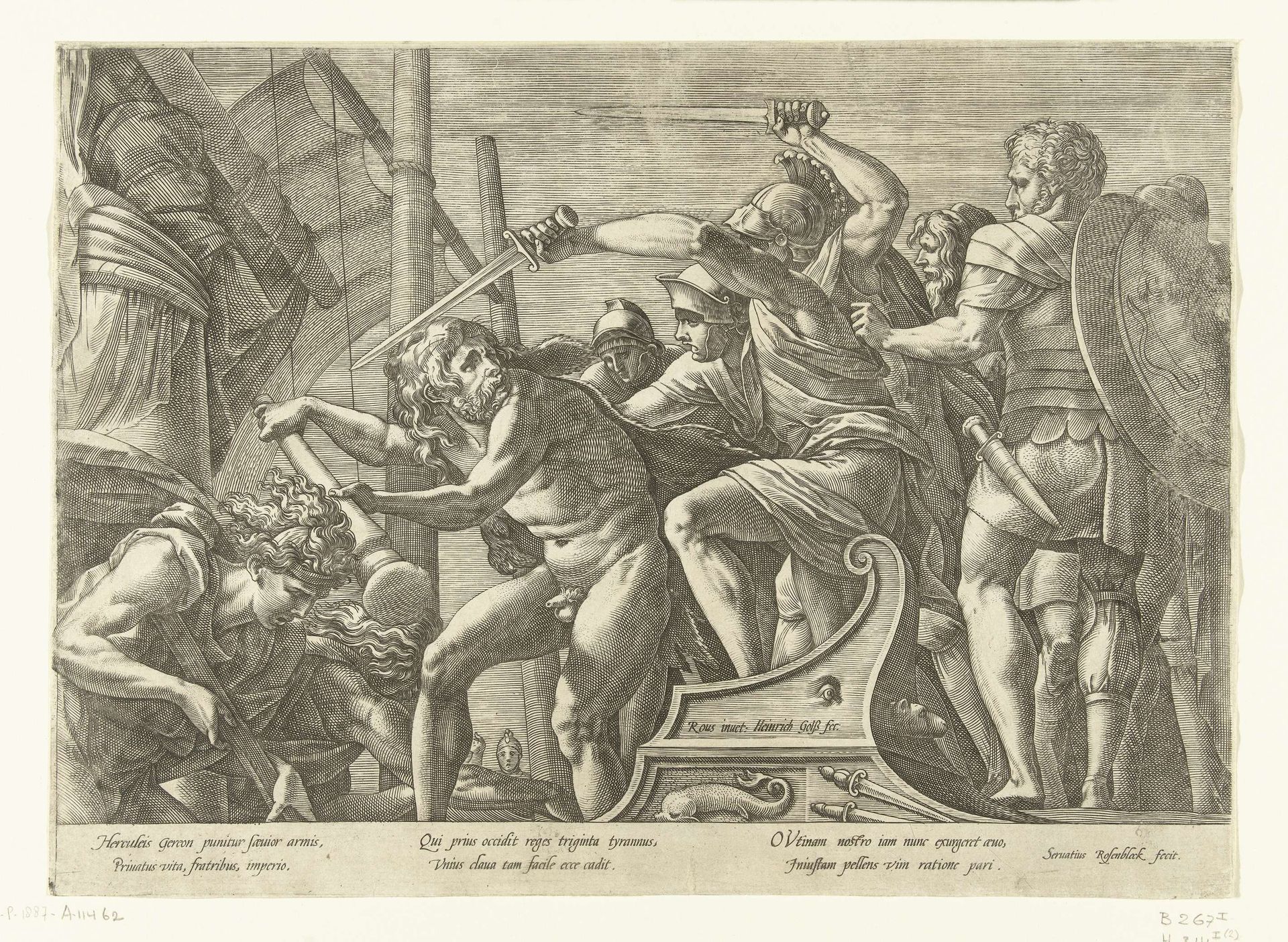 Hercules vecht met Geryoneus (?) by Hendrick Goltzius