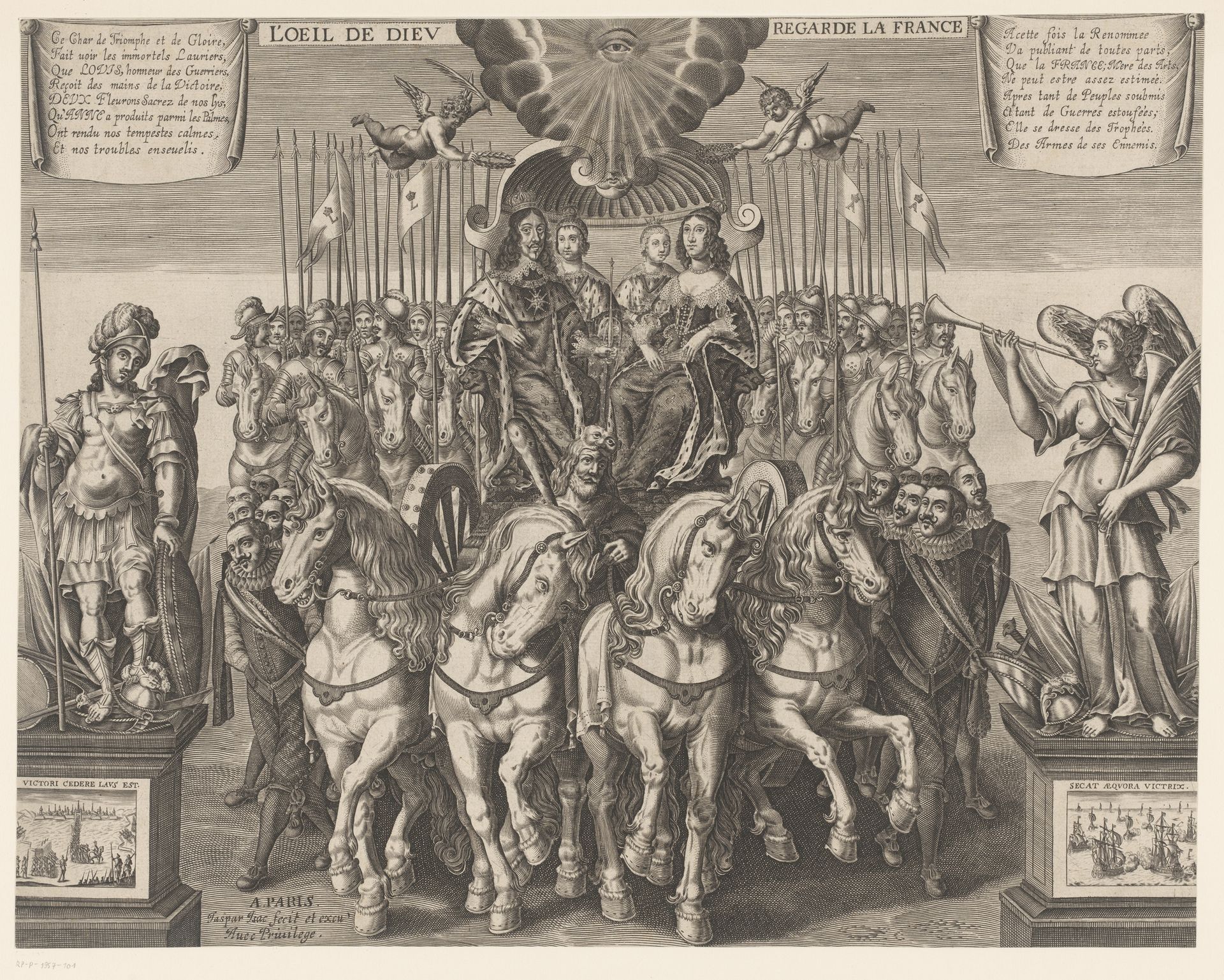 Lodewijk XIII en Anna van Oostenrijk samen met de dauphin en de hertog van Anjou in een koets getrokken door vier paarden by Jaspar de Isaac