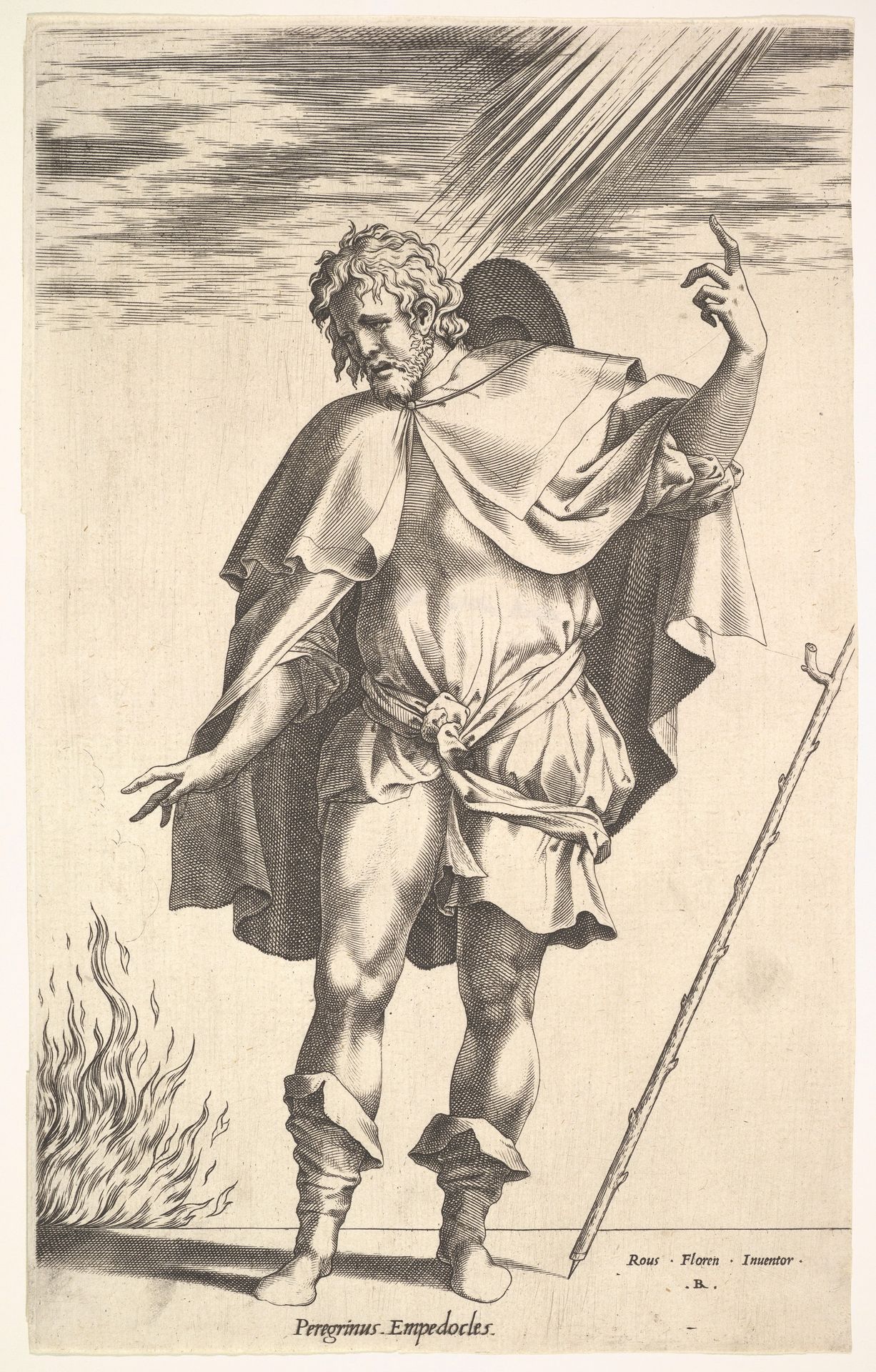 Empedocles, standing frontally with his head turned in three-quarter view, directs his gaze toward a flame (the crater of Mount Aetna?) emerging from a horizontal ground line, a walking stick leans toward the right margin by René Boyvin