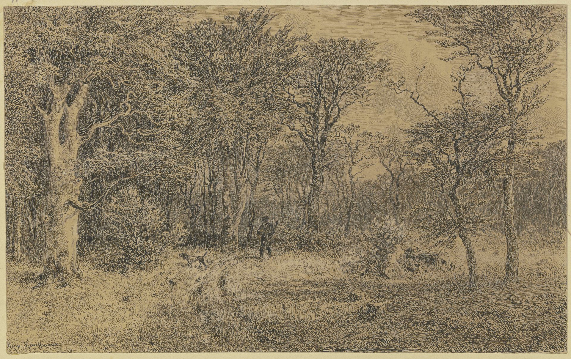 Jäger mit Hund im Buchenwald by Hermann Kauffmann the Elder