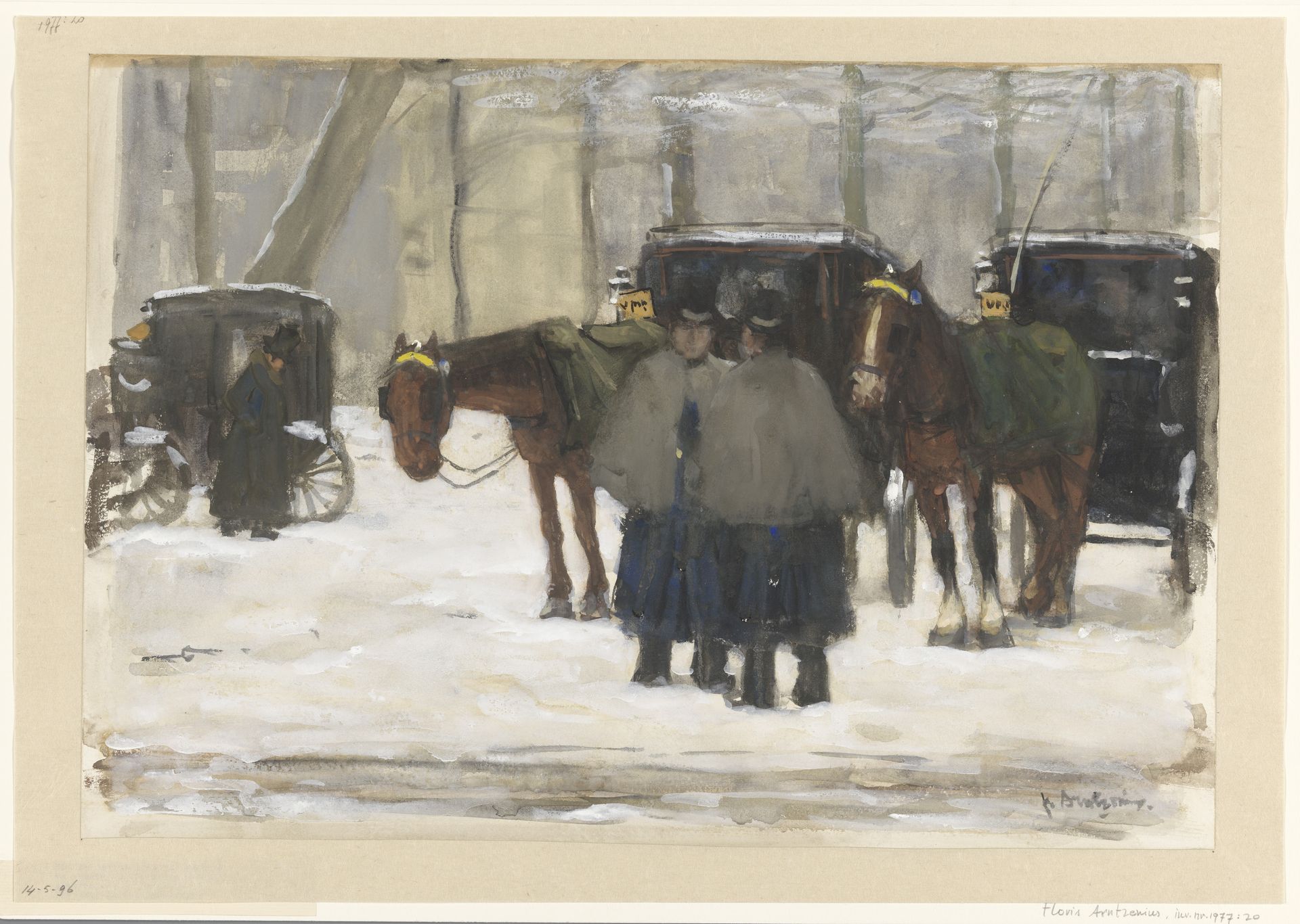 Koetsen en koetsiers in de sneeuw by Floris Arntzenius