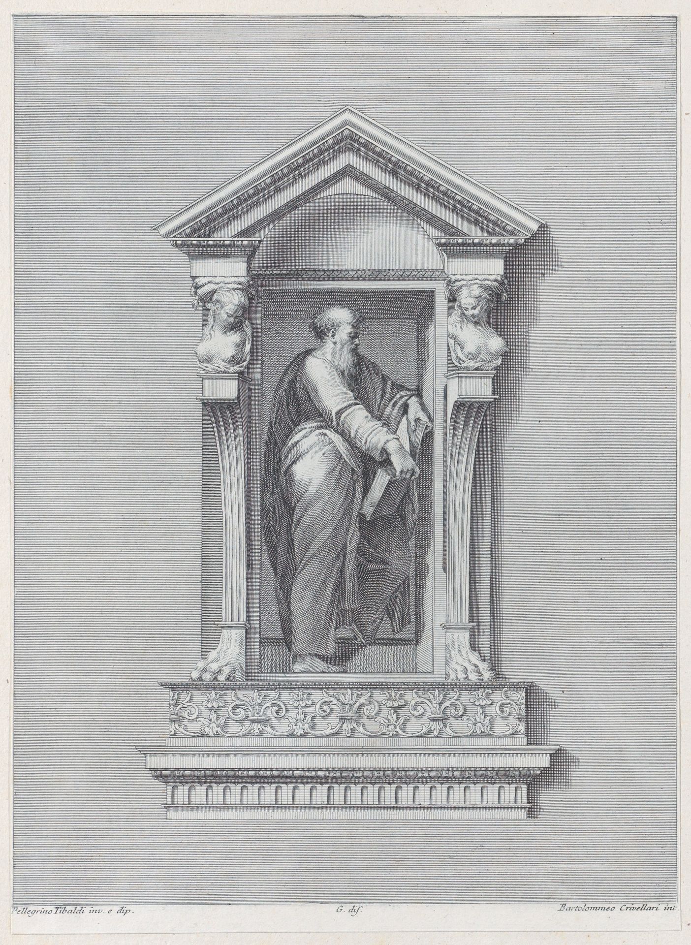A standing man in a niche holding an open book by Bartolomeo Crivellari