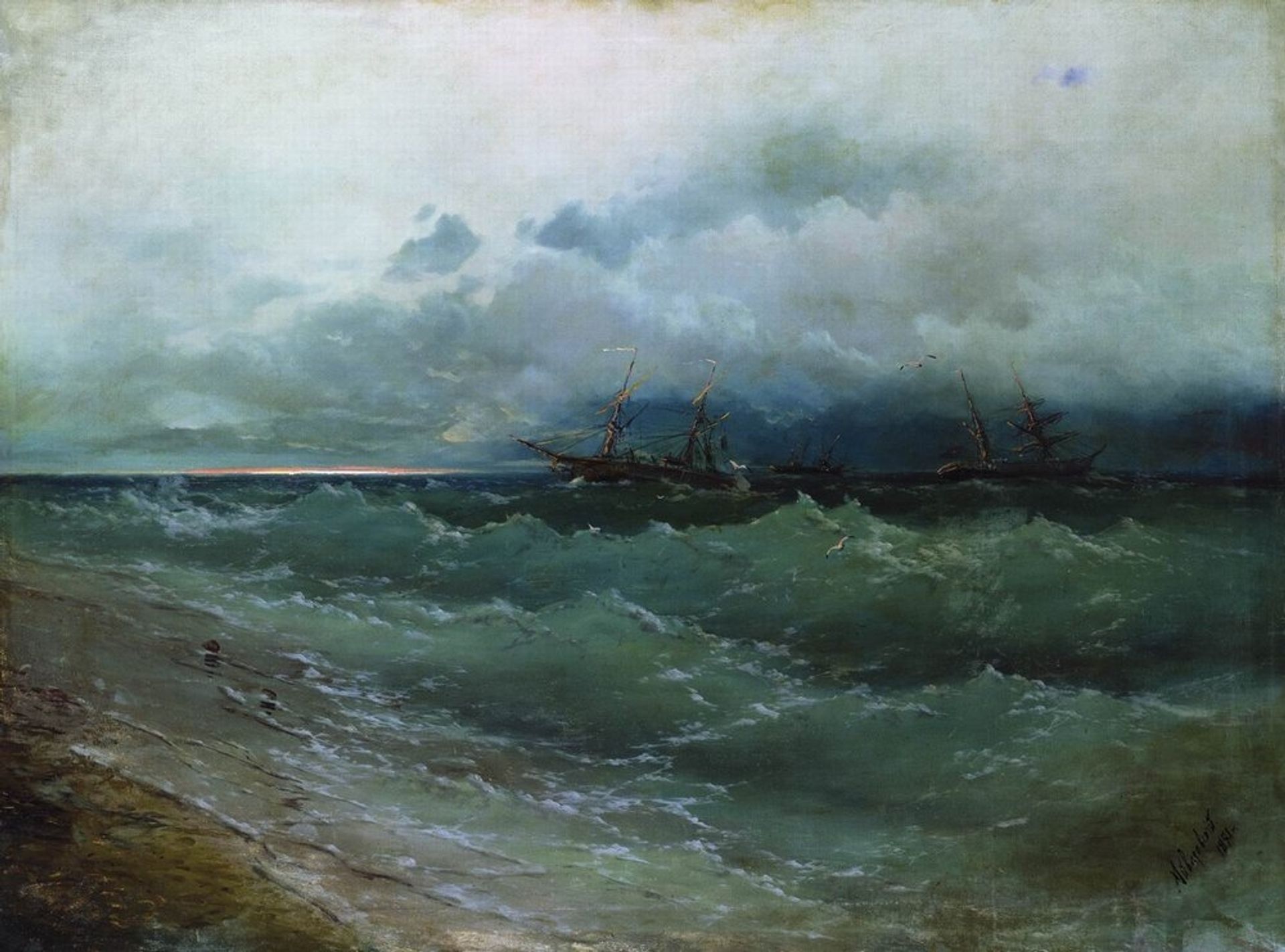 Ships in the stormy sea. Sunrise by Ivan Konstantinovich Aivazovsky