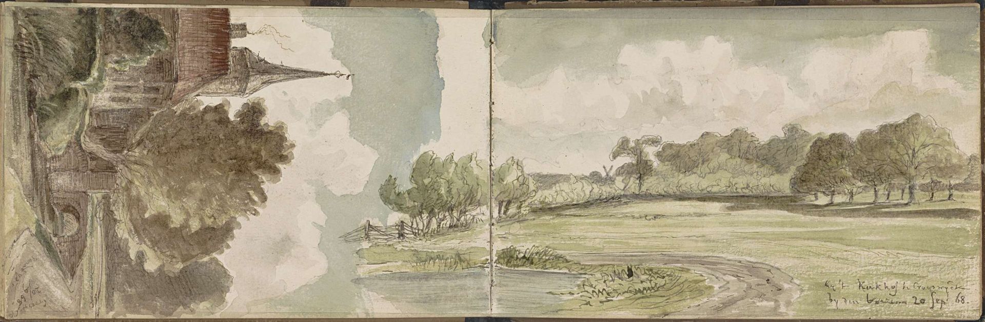 Kerk aan een weg en een landschap bij het kerkhof te Crooswijk by Johannes Tavenraat