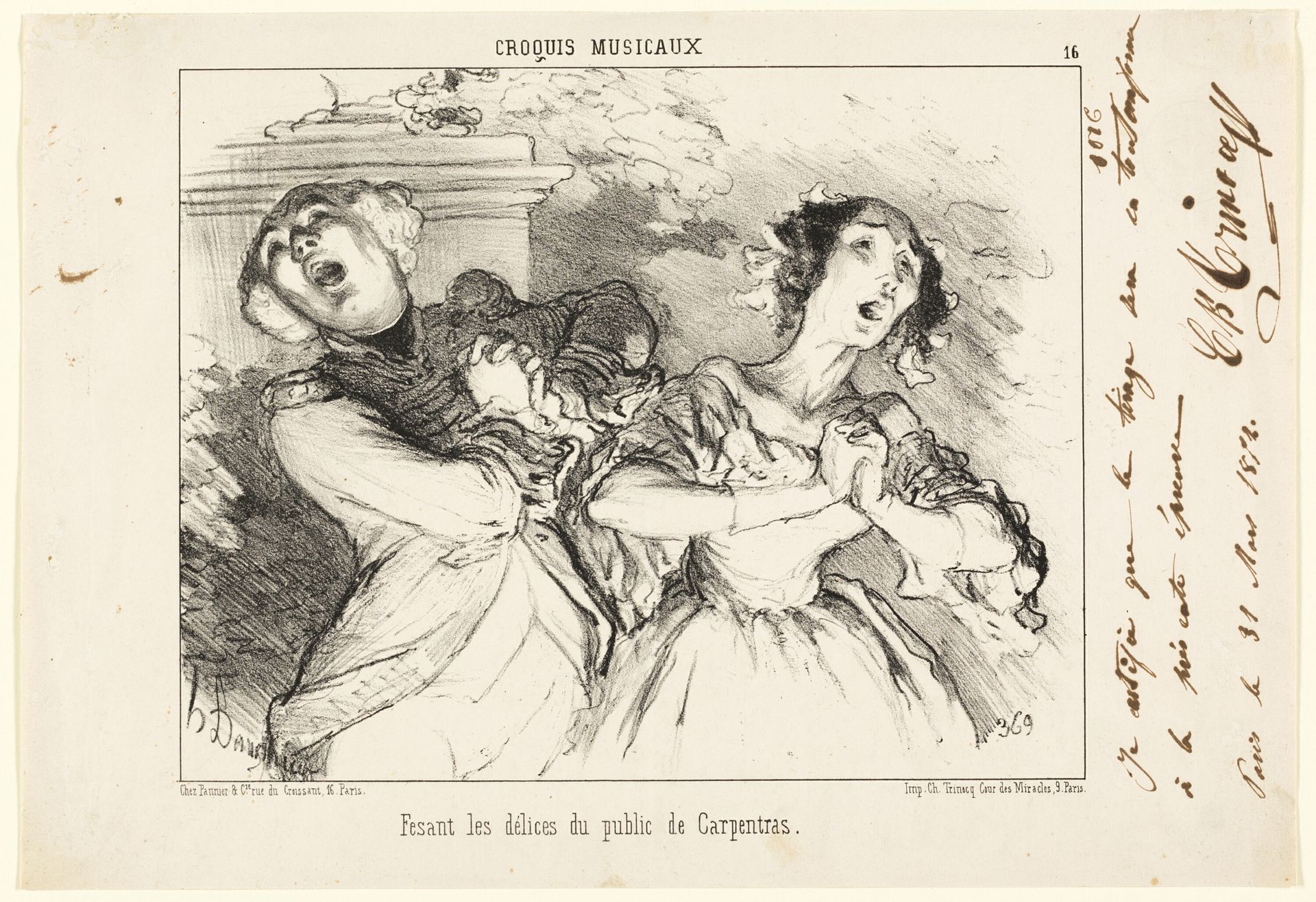 Giving the public the delights of Carpentras, plate 16 from Croquis Musicaux by Honoré Daumier