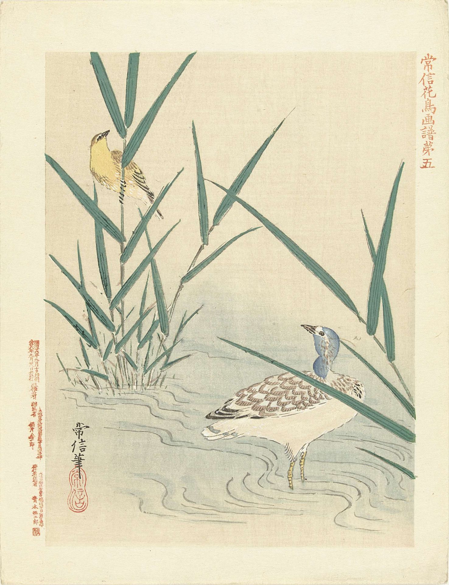 Watervogel kijkend naar gele zangvogel by Kano Tsunenobu