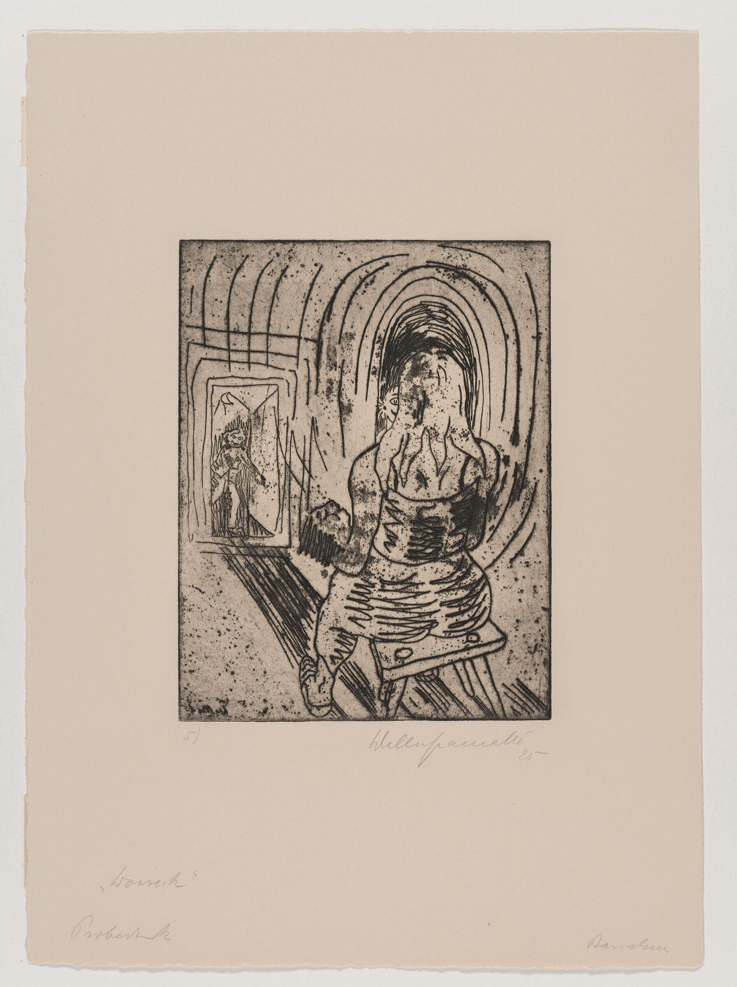 Sheet V, Mary with the Sleeping Boy in Her Arms in Front of the Mirror, Transfigured by the Ring of the Drum Major by Walter Gramatté