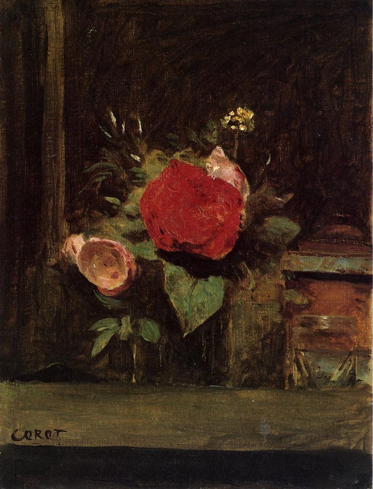 Bouquet of Flowers in a Glass beside a Tobacco Pot by Camille Corot