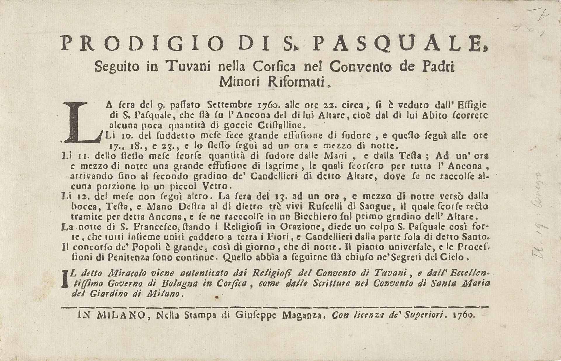 Prodigio dis. Pasquale, / Seguite in Tuvani nella Corsica nel Convento de Padri / Minori Riformati by Giuseppe Maganza