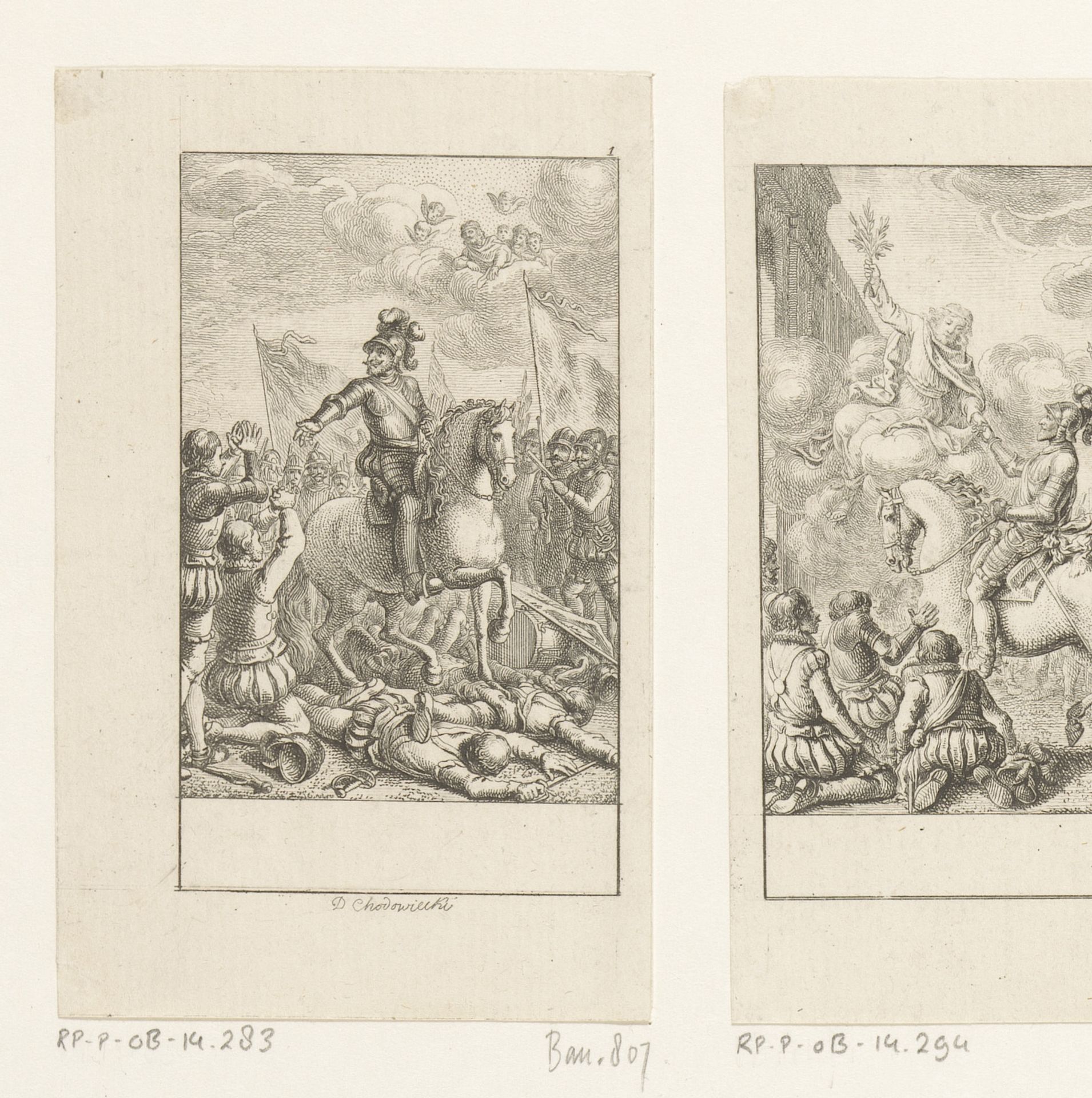 God kijkt vanaf een wolk toe hoe Hendrik IV van Frankrijk als overwinnaar op zijn tegenstanders staat by Daniel Nikolaus Chodowiecki
