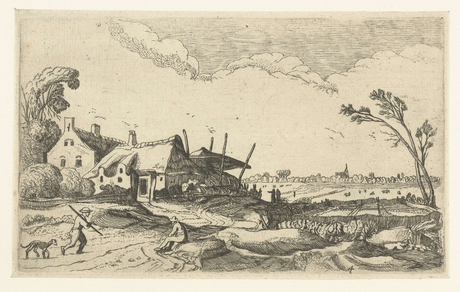 Boerderij aan een pad en vergezicht over velden by Anonymous