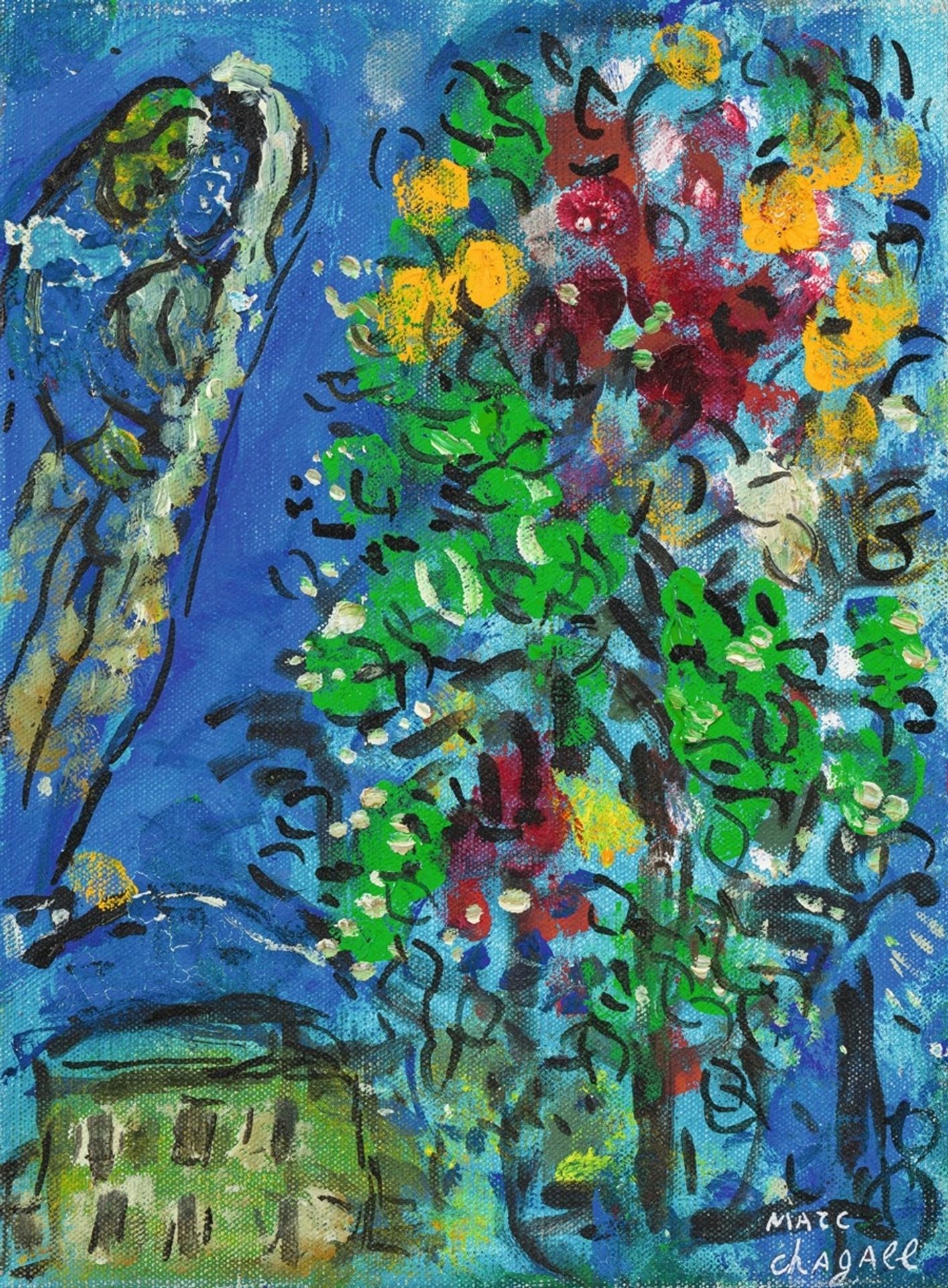 Arbre fleuri et maison verte sur fond bleu by Marc Chagall