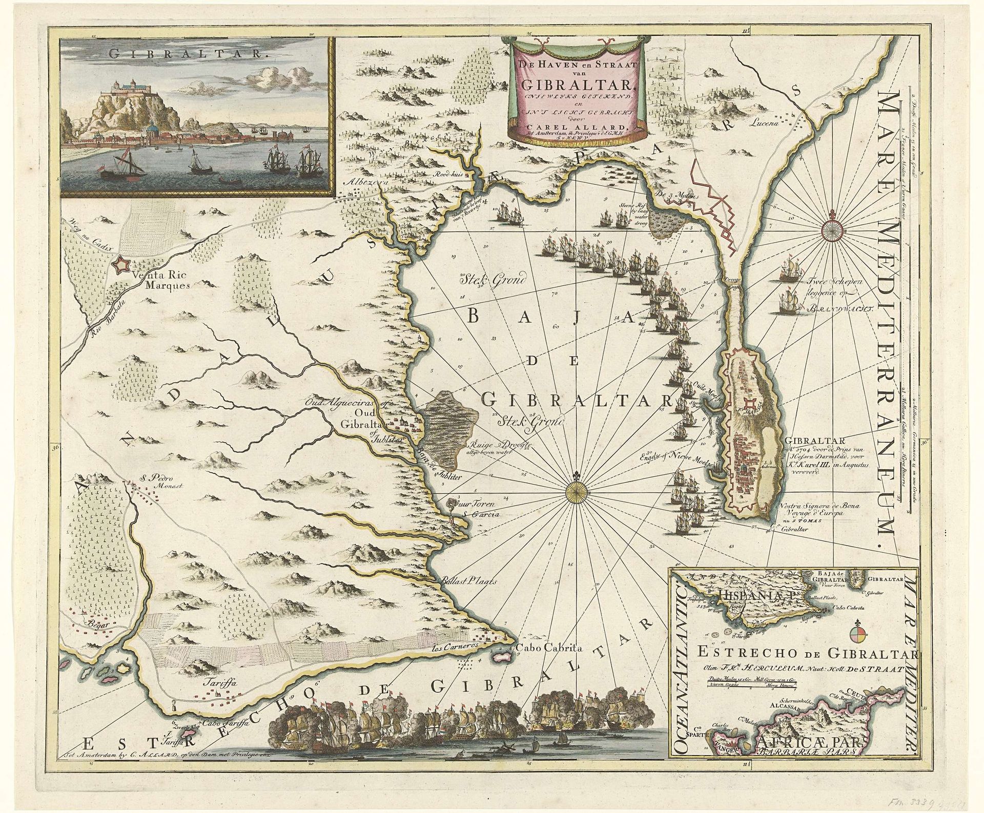 Kaart van Gibraltar, 1704 by Carel Allard