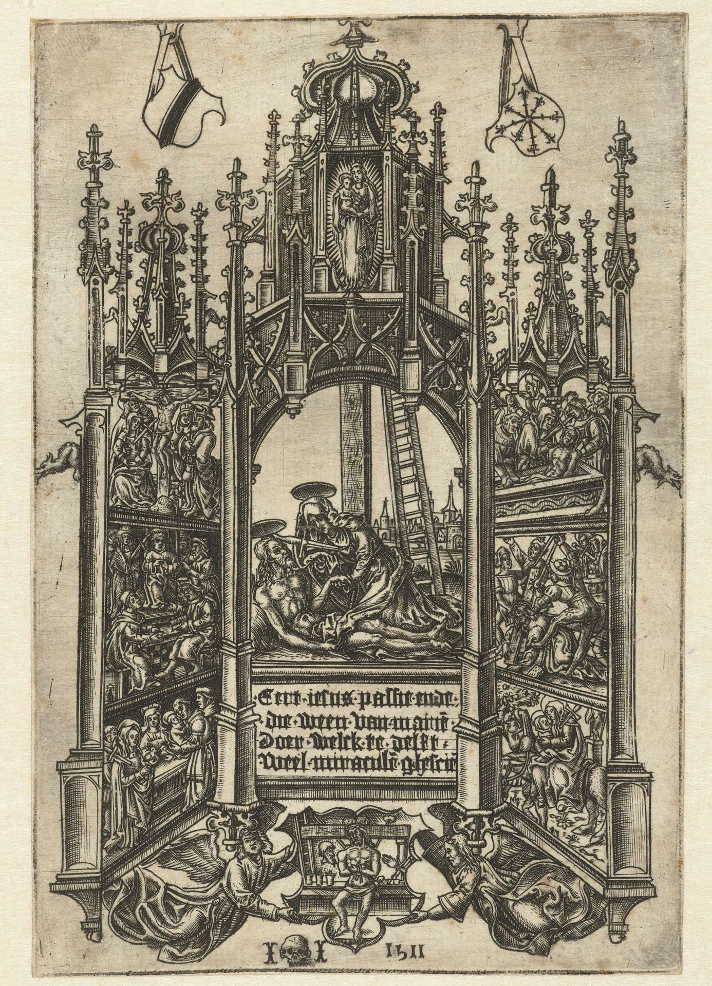 De bewening van Christus in een schrijn met de andere zes smarten van Maria by Meester II met doodshoofd