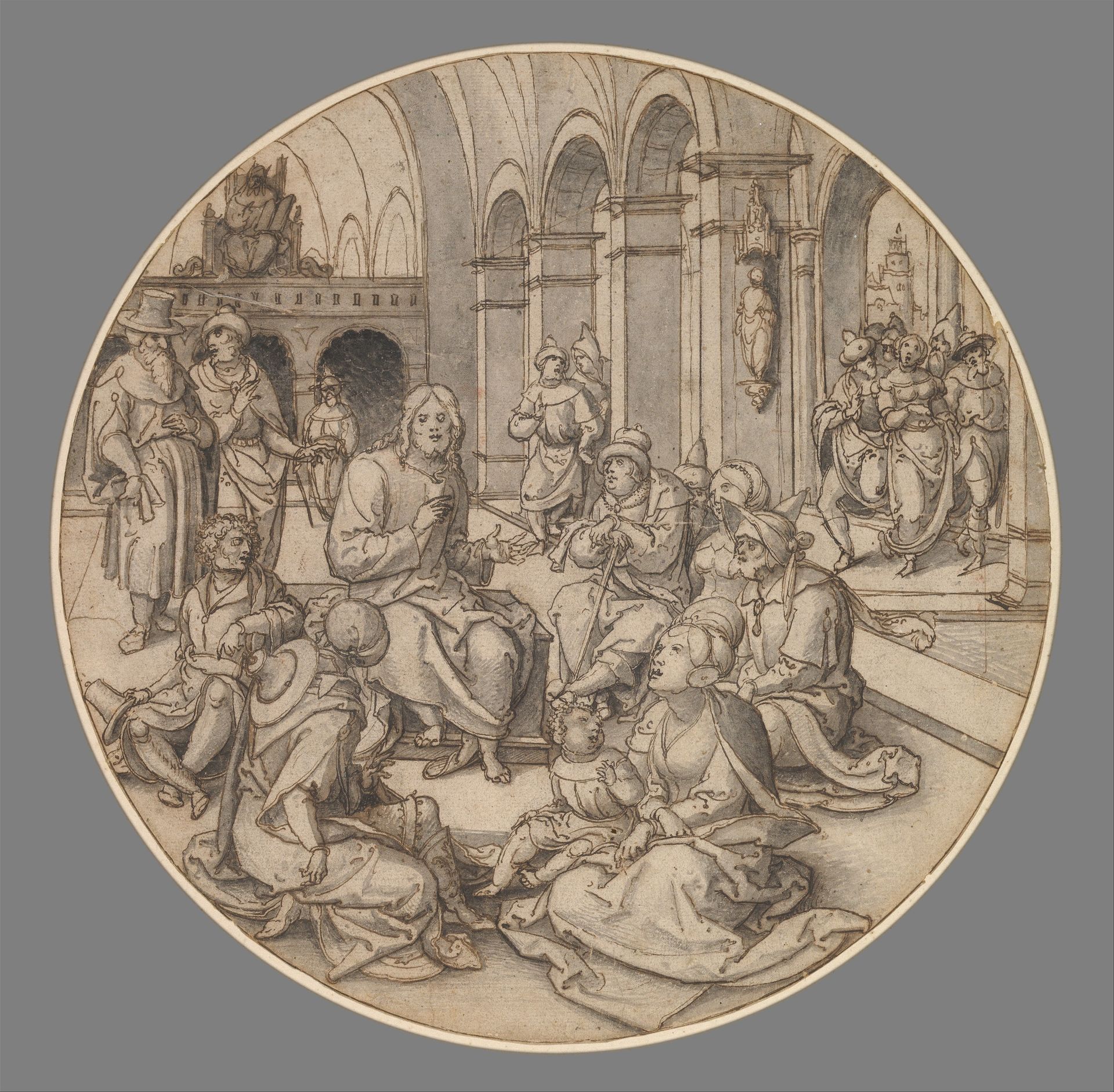Christ Preaching in the Synagogue, with the Pharisees Bringing the Woman Taken in Adultery by Dirck Vellert