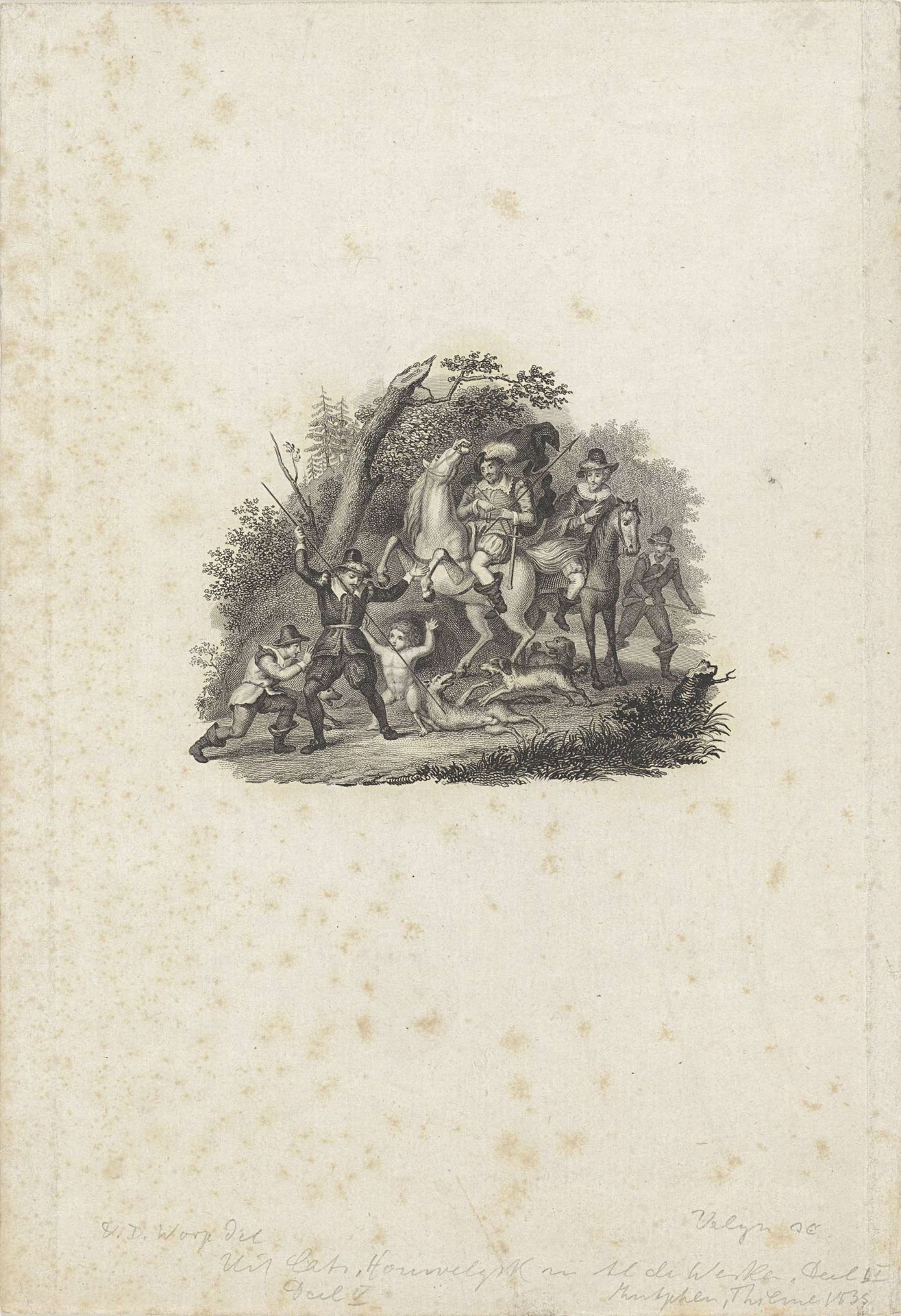 Gezelschap op een bospad aangevallen door honden by Philippus Velijn