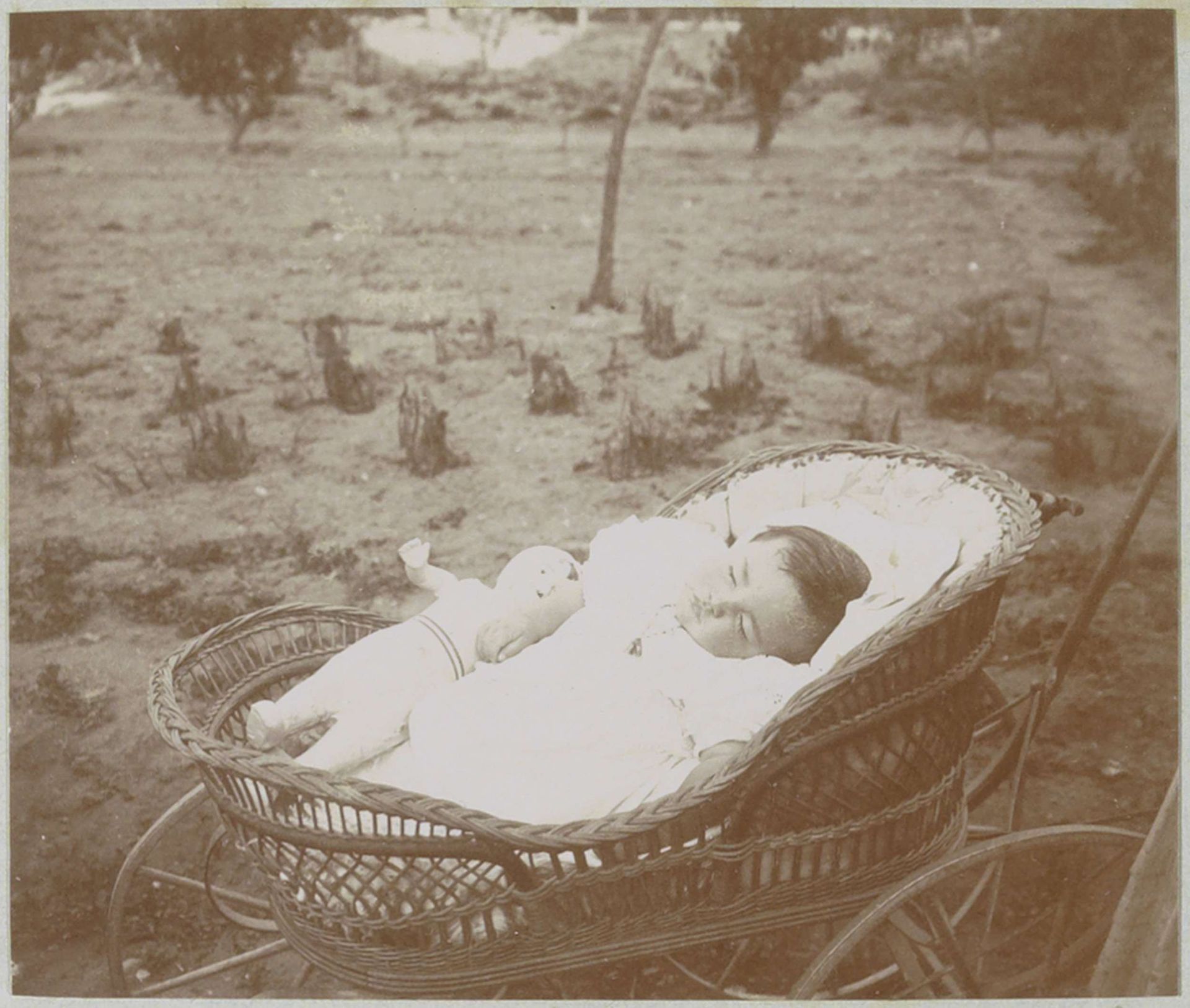 Portret van een slapende baby in een kinderwagen, vermoedelijk in Frankrijk by Delizy