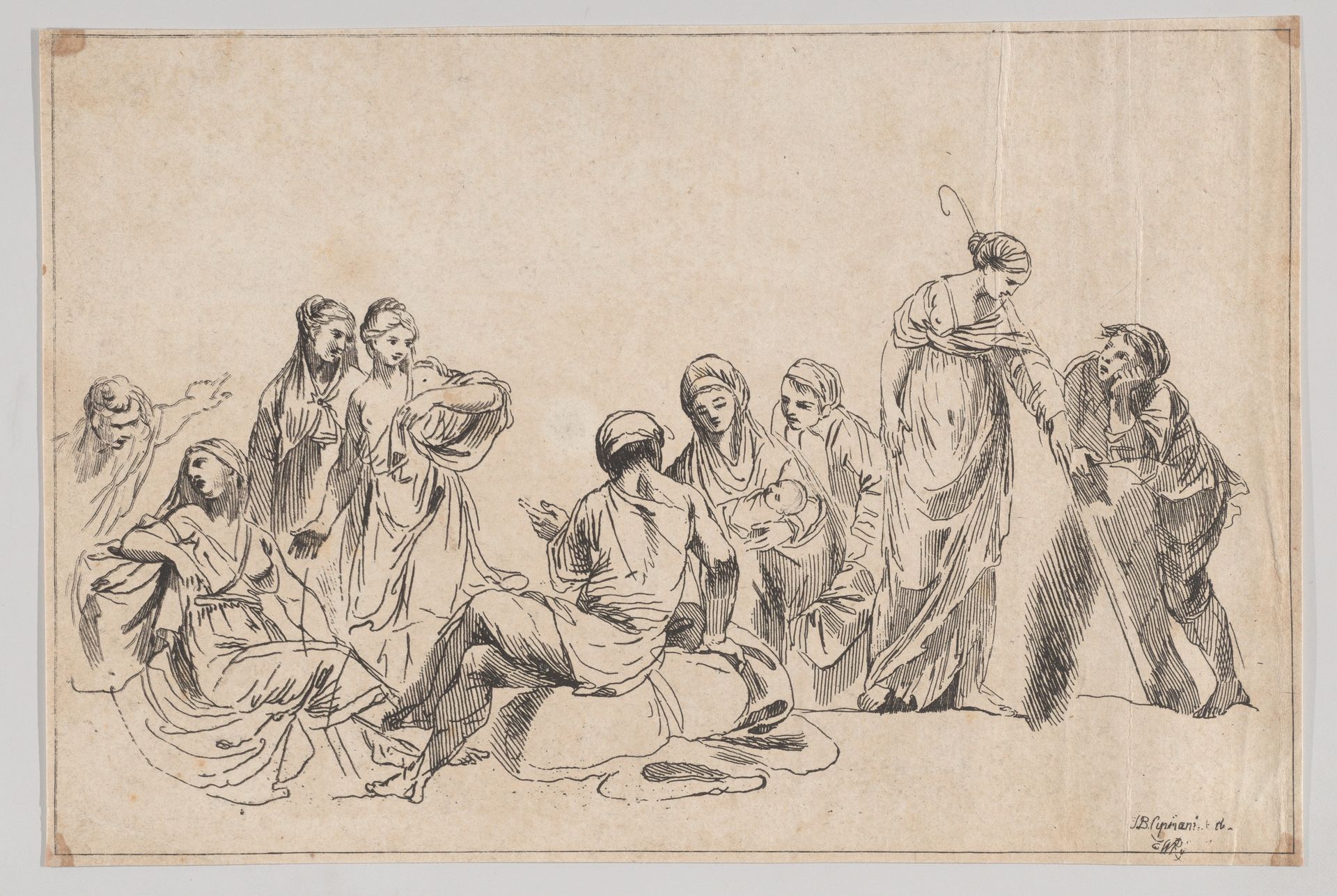 A group of nine women, one at center holds a baby and one at right holds a shepherdess's crook by Anonymous