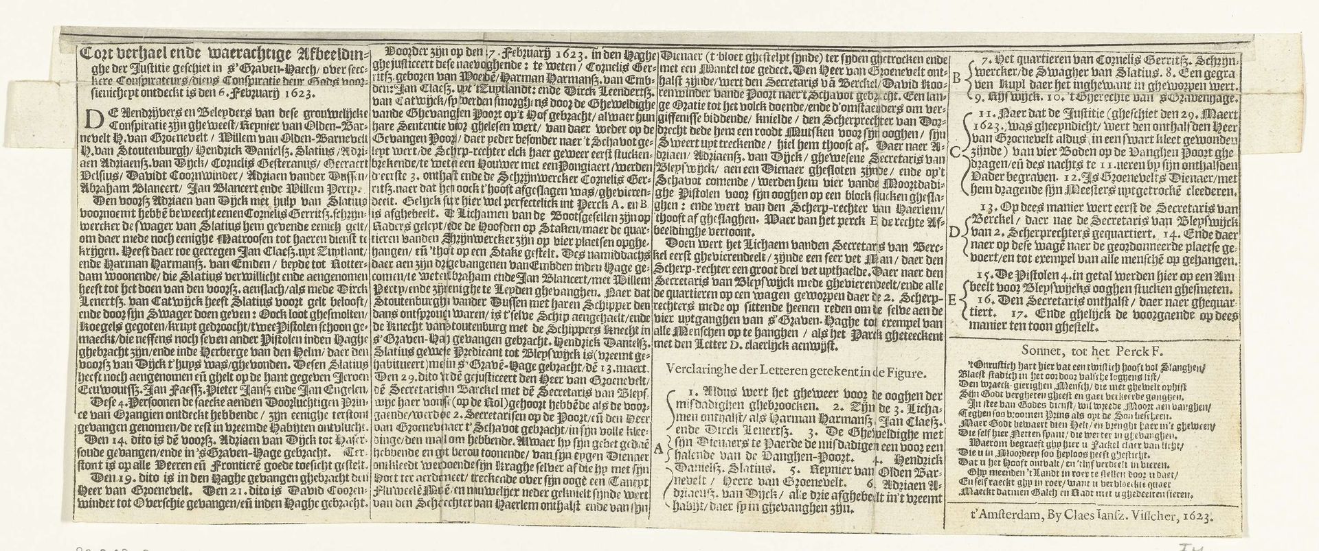 Tekstblad bij de prent van de executie van Reinier van Oldenbarnevelt, David Coorenwinder en Adriaan van Dijk, 1623 by Claes Jansz. Visscher