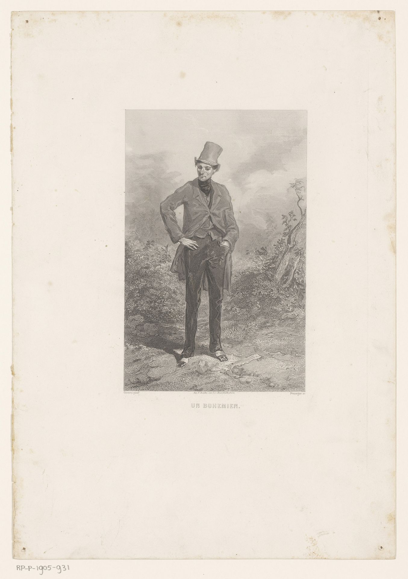 Man met hoge hoed in landschap by Emile Rouargue