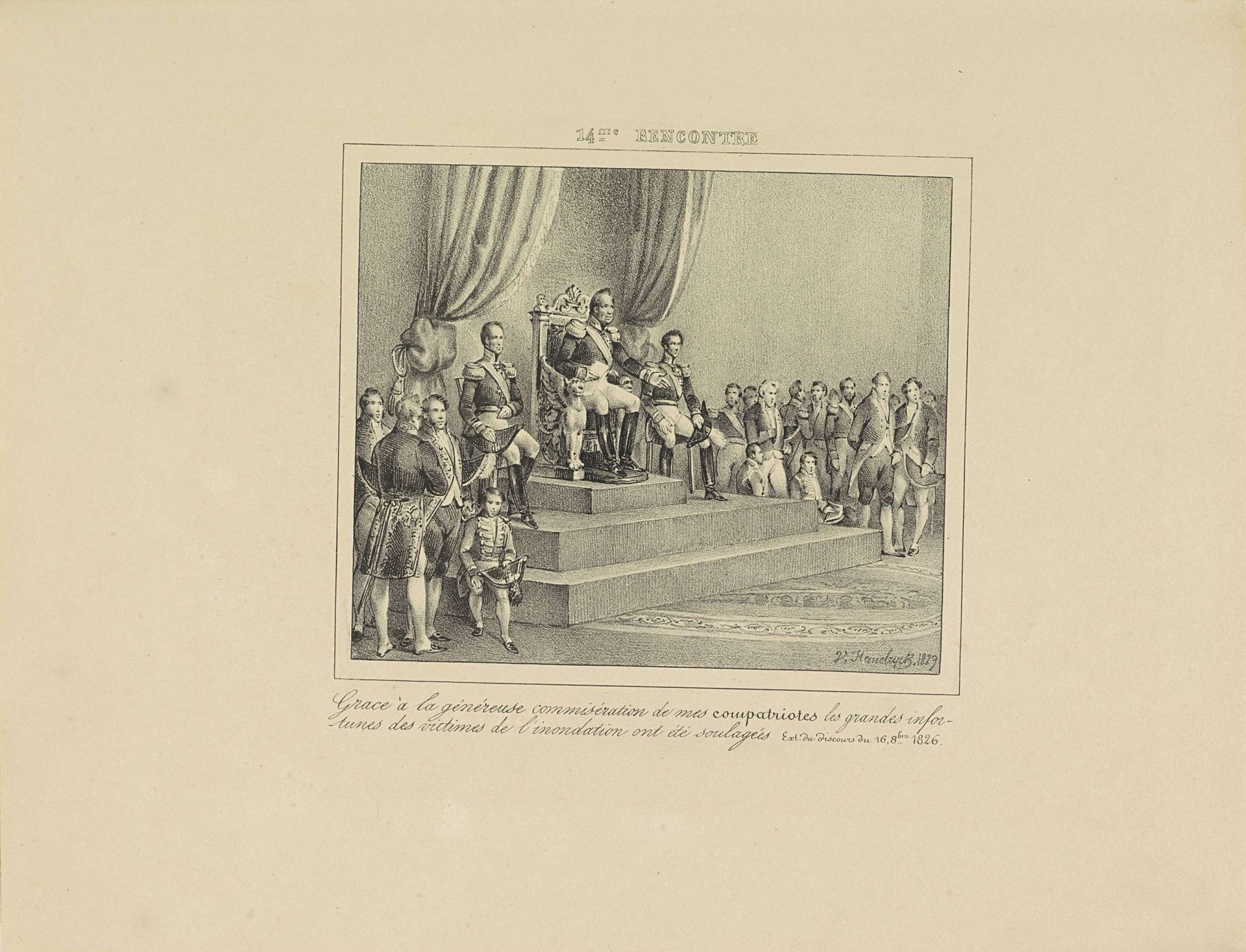 Koning Willem I geeft dank voor de hulp verleend aan de slachtoffers van de watersnood van 1826, 1829 by Jean-Louis Van Hemelryck
