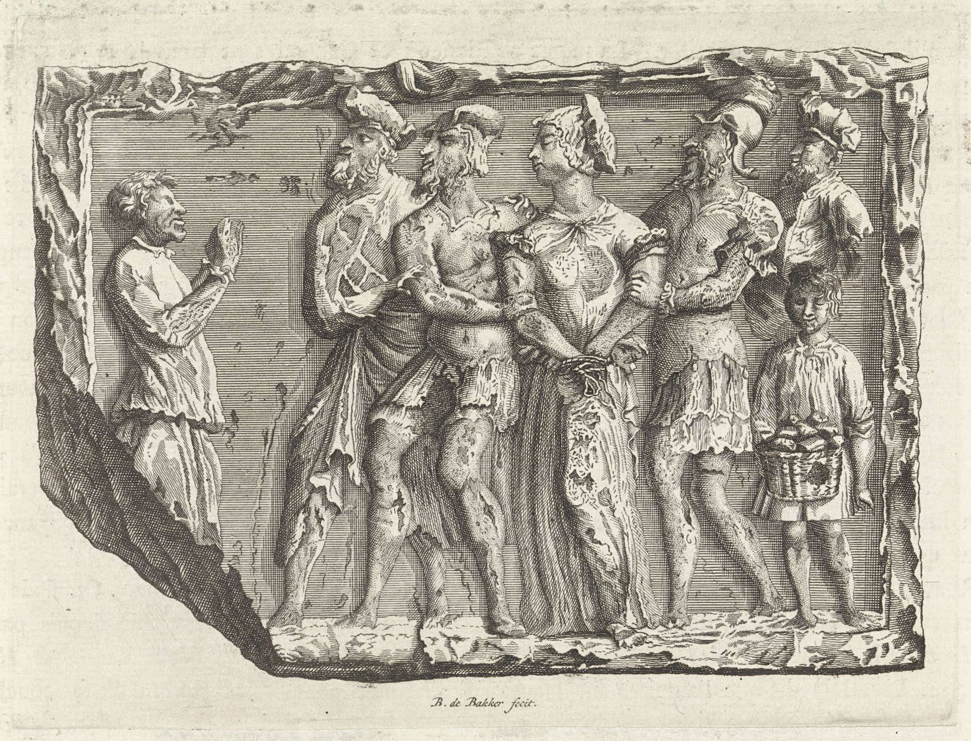 Reliëf met soldaten met vastgebonden vrouw of heilige by Barent de Bakker