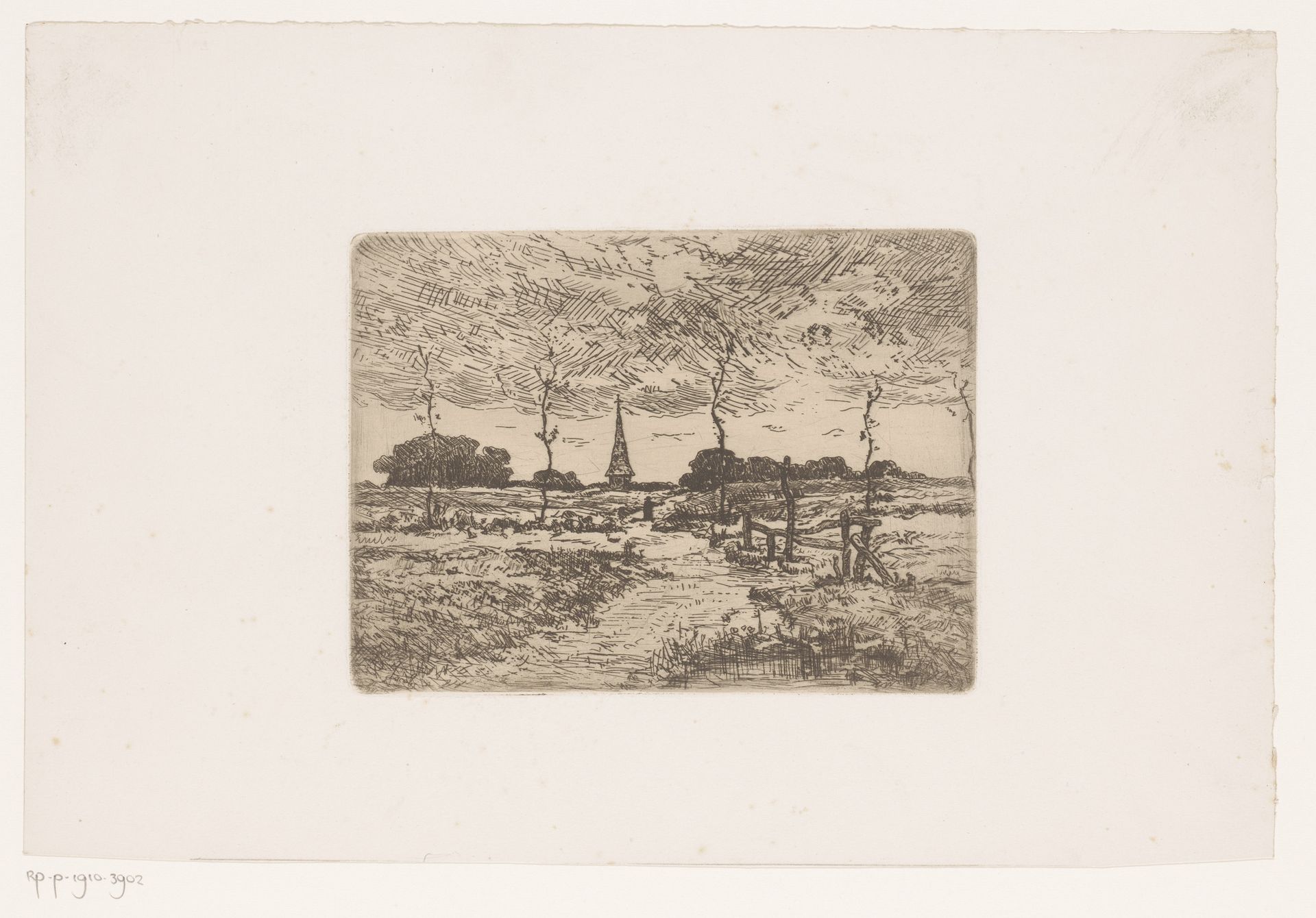 Landschap met een pad in de richting van een kerktoren by Louis Adolphe Jacobs