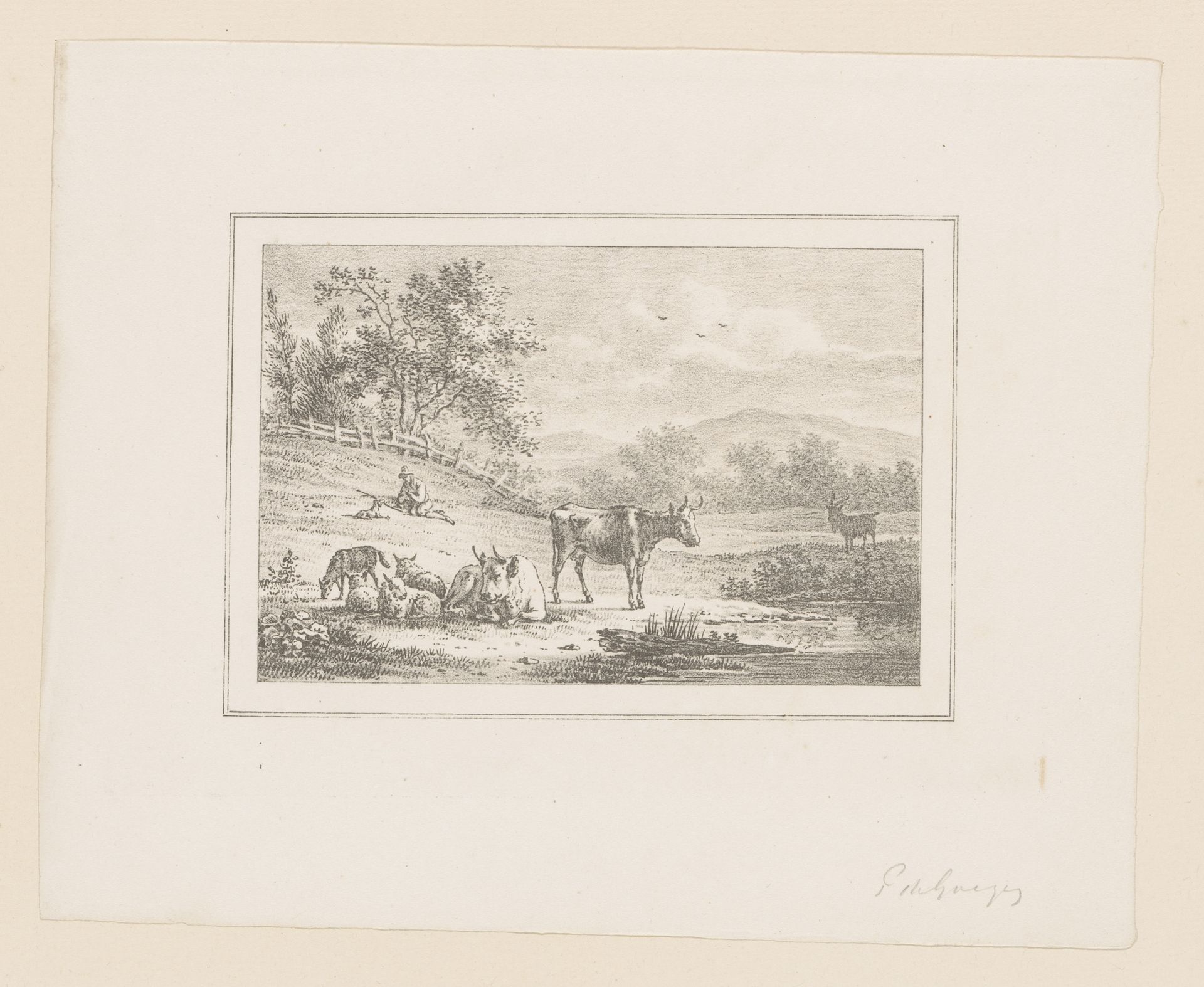 Heuvelachtig landschap met herder en hond, twee koeien, vier schapen en een geit by Pieter de Goeje