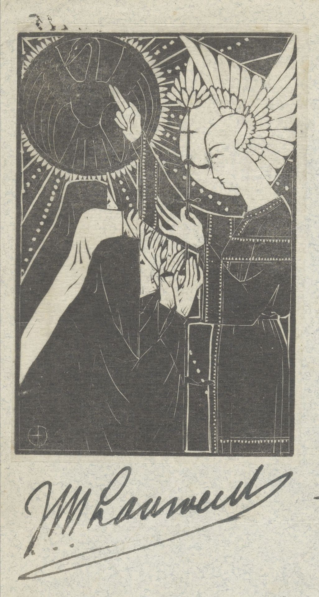 Drie knielende figuren voor gevleugelde man by Mathieu Lauweriks