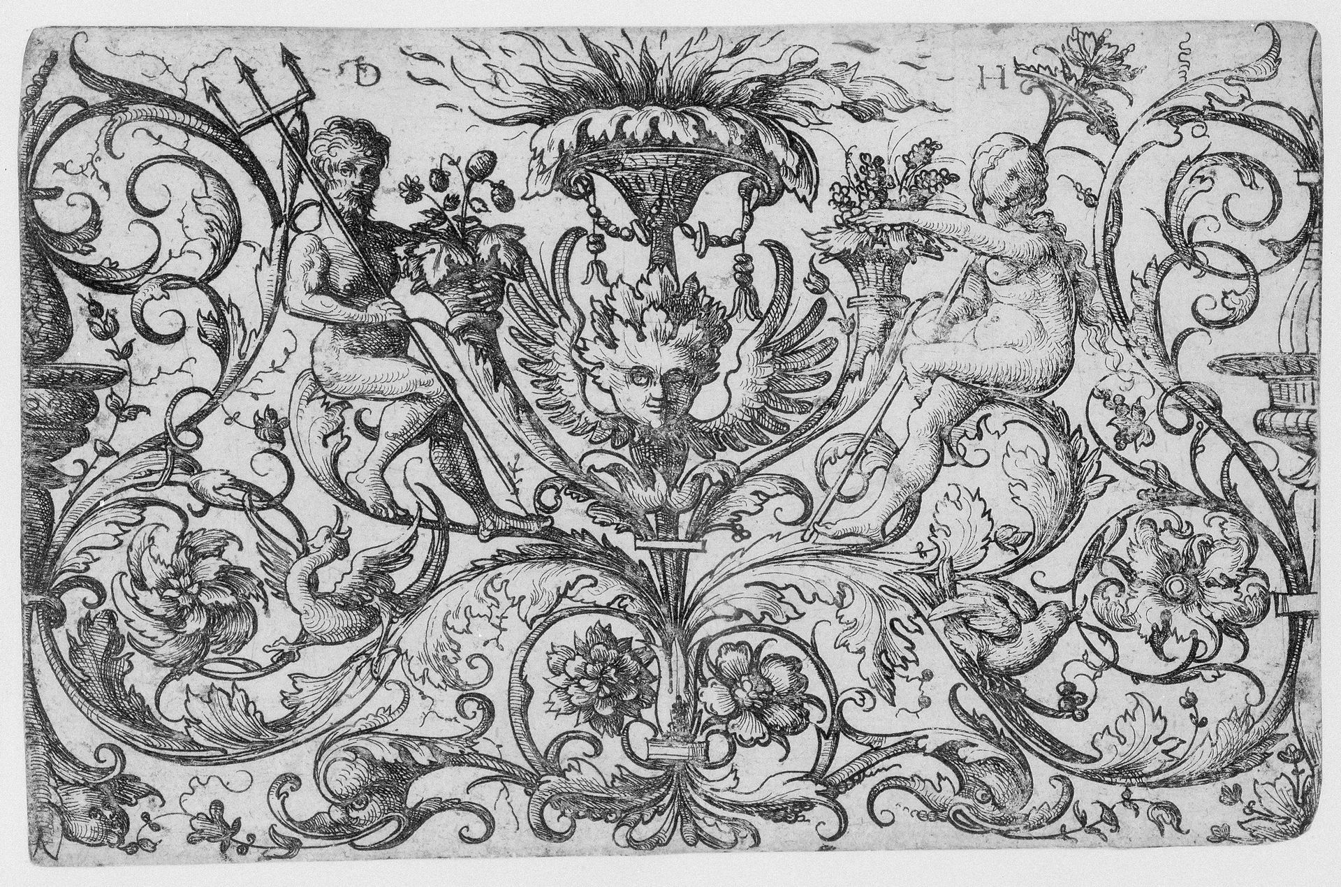 Neptunus en Ceres (?) omringd door bladranken en grotesken by Daniel Hopfer
