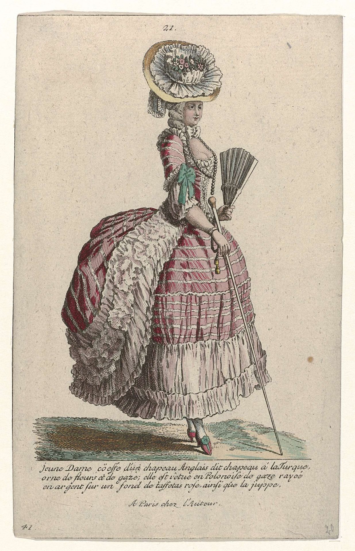 Gallerie des Modes et Costumes Français, 1785, nr. 21, nr. 41, Kopie naar V 123 : Jeune dame coëffé d'un chapeau Anglais (...) by Pierre Gleich