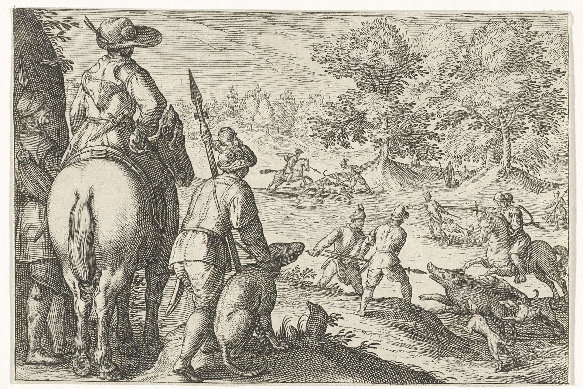Landschap met jacht op wilde zwijnen by Egbert Jansz.