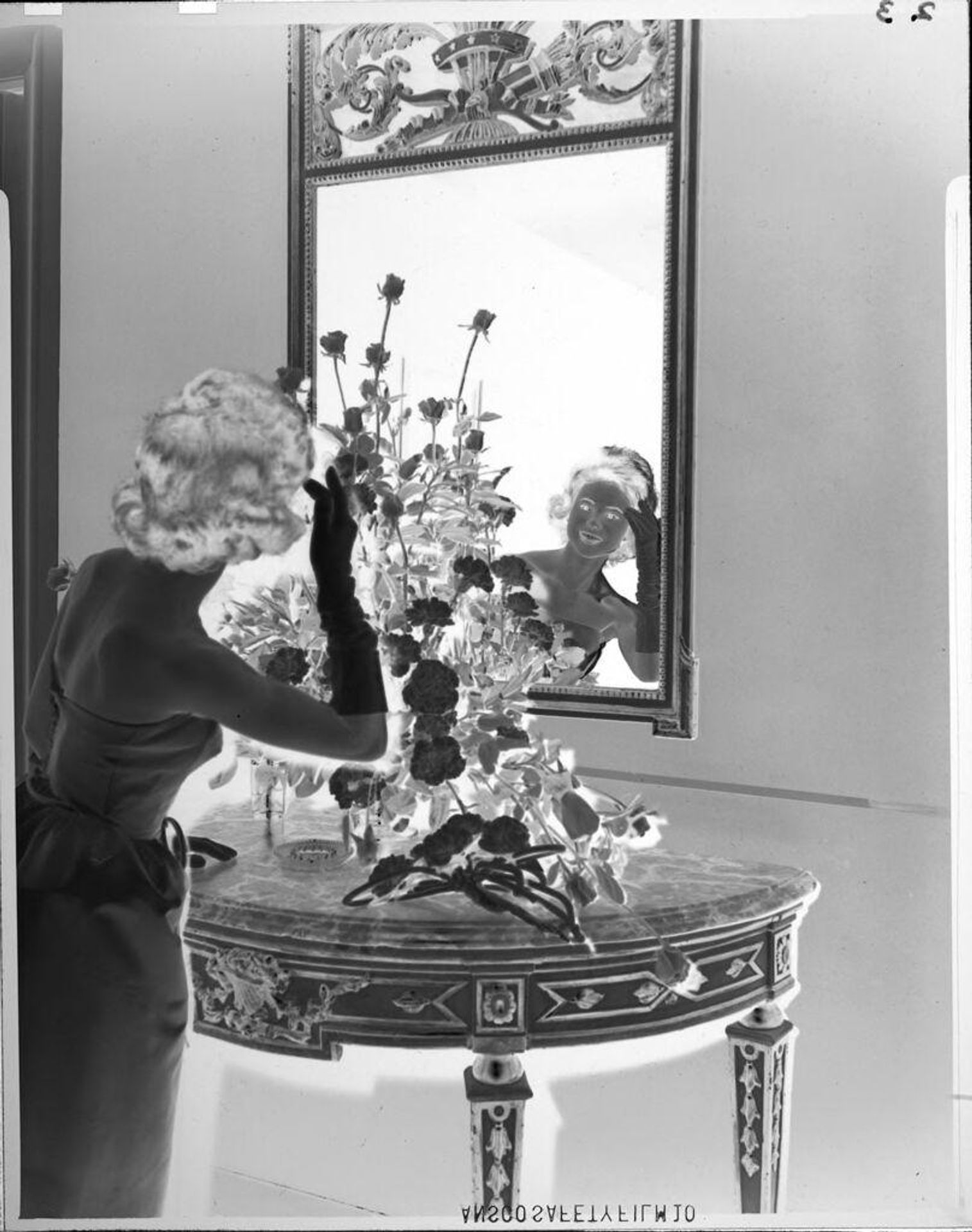 Untitled (woman looking past flowers into mirror) by John Howell