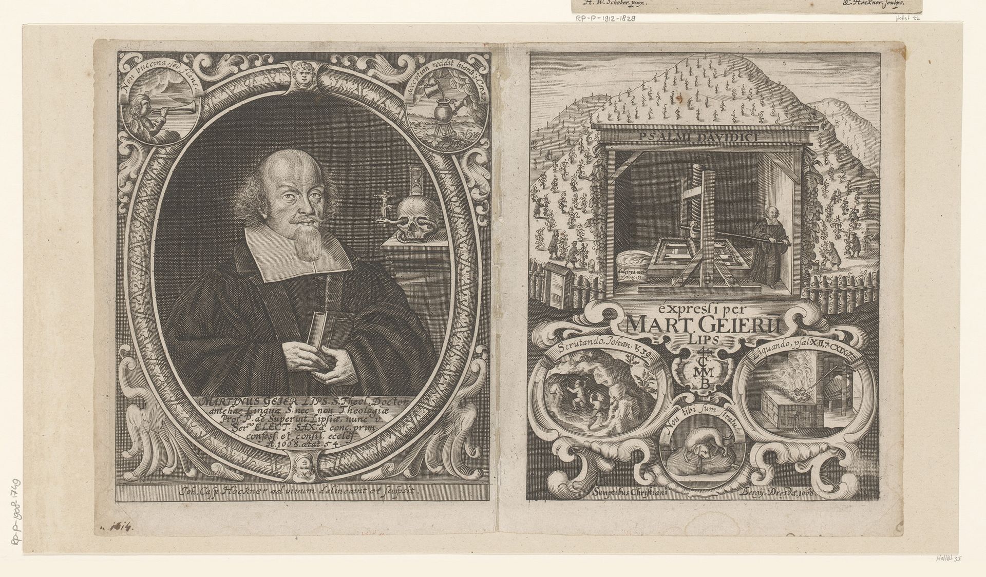 Portret van Martin Geier op 54-jarige leeftijd en vier verbeelde psalmen by Johann Caspar Hoeckner