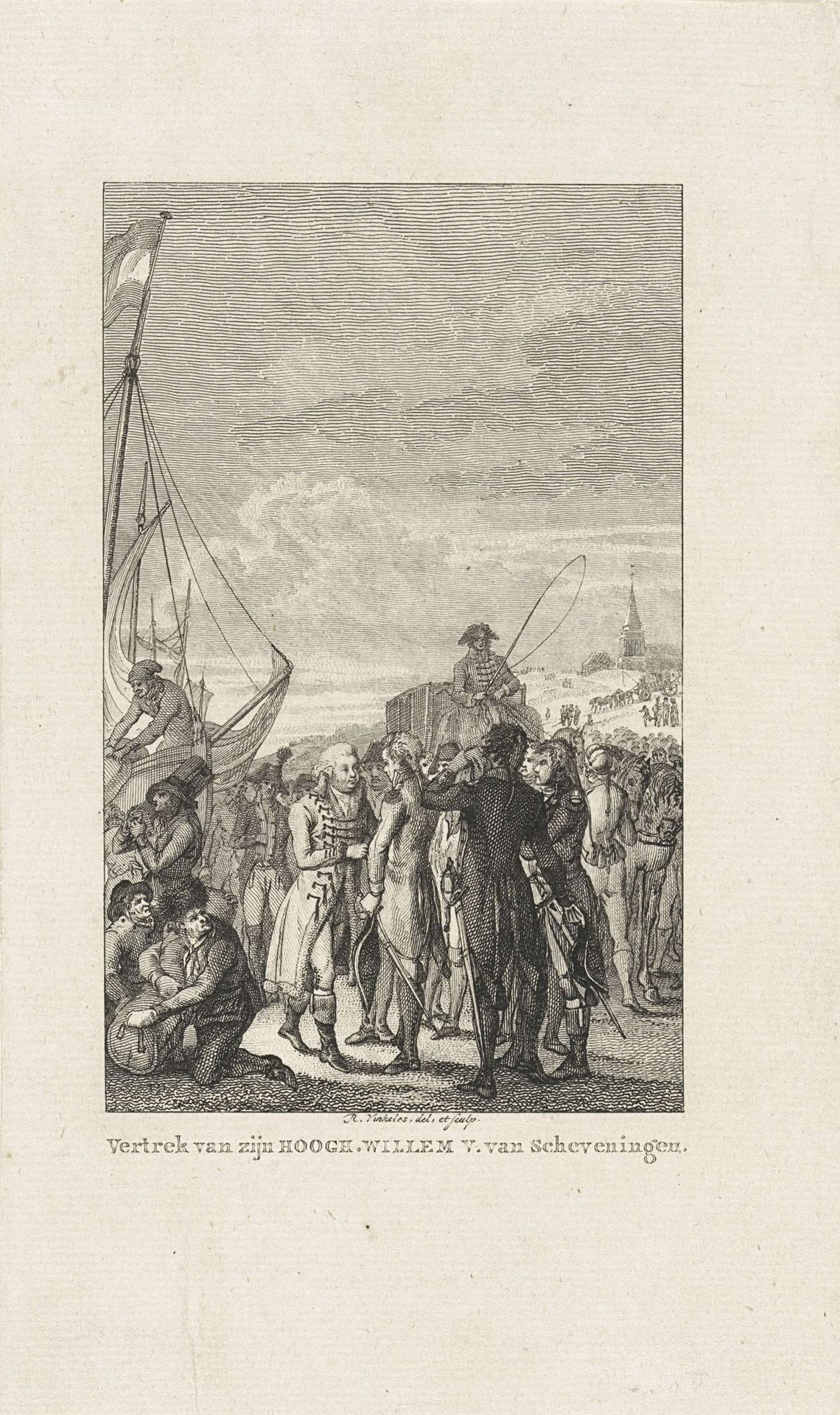 Vertrek van de prins van Oranje uit Scheveningen, 1795 by Reinier Vinkeles