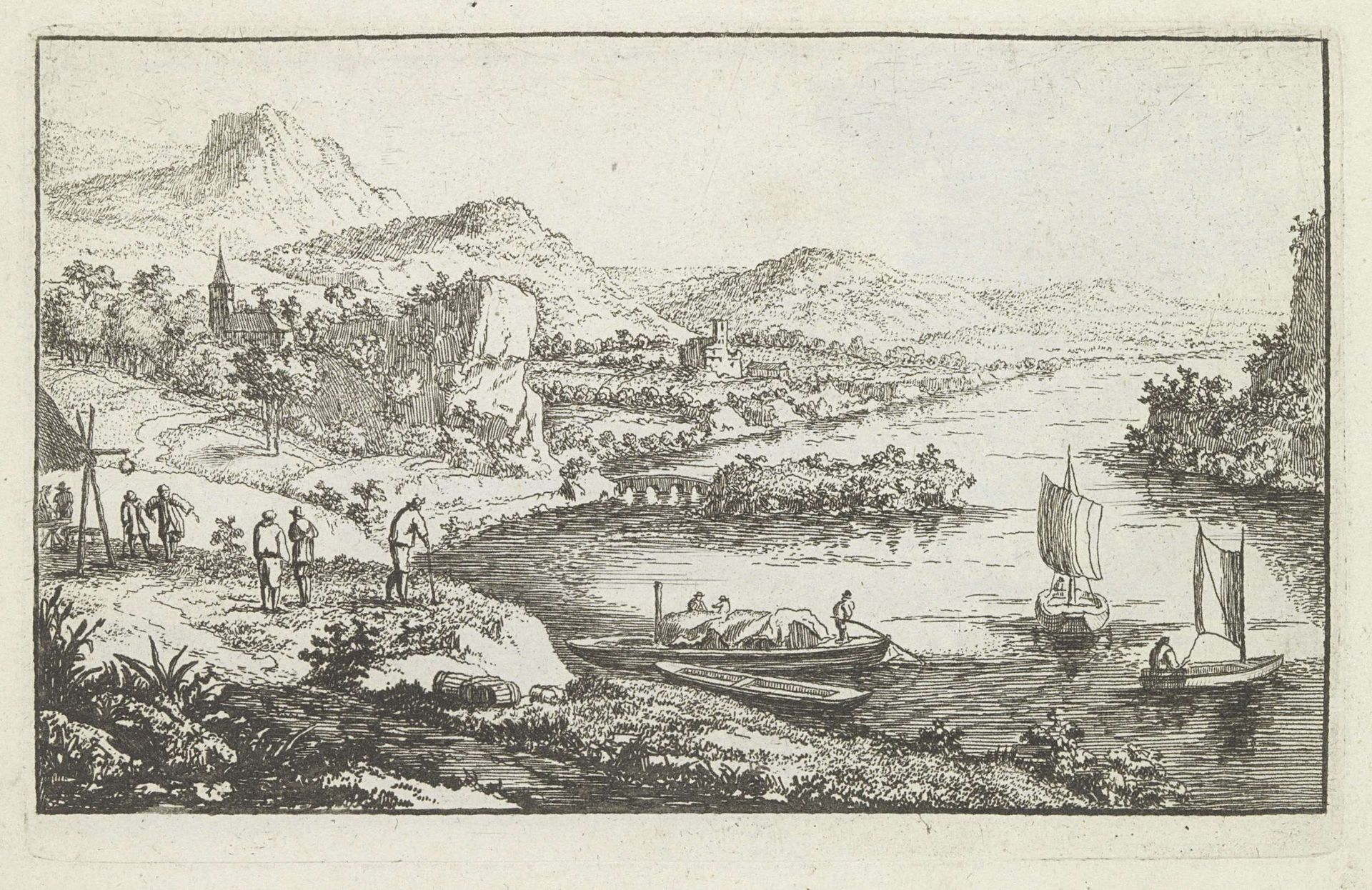 Rivierlandschap met brug en eiland by Jan van Almeloveen