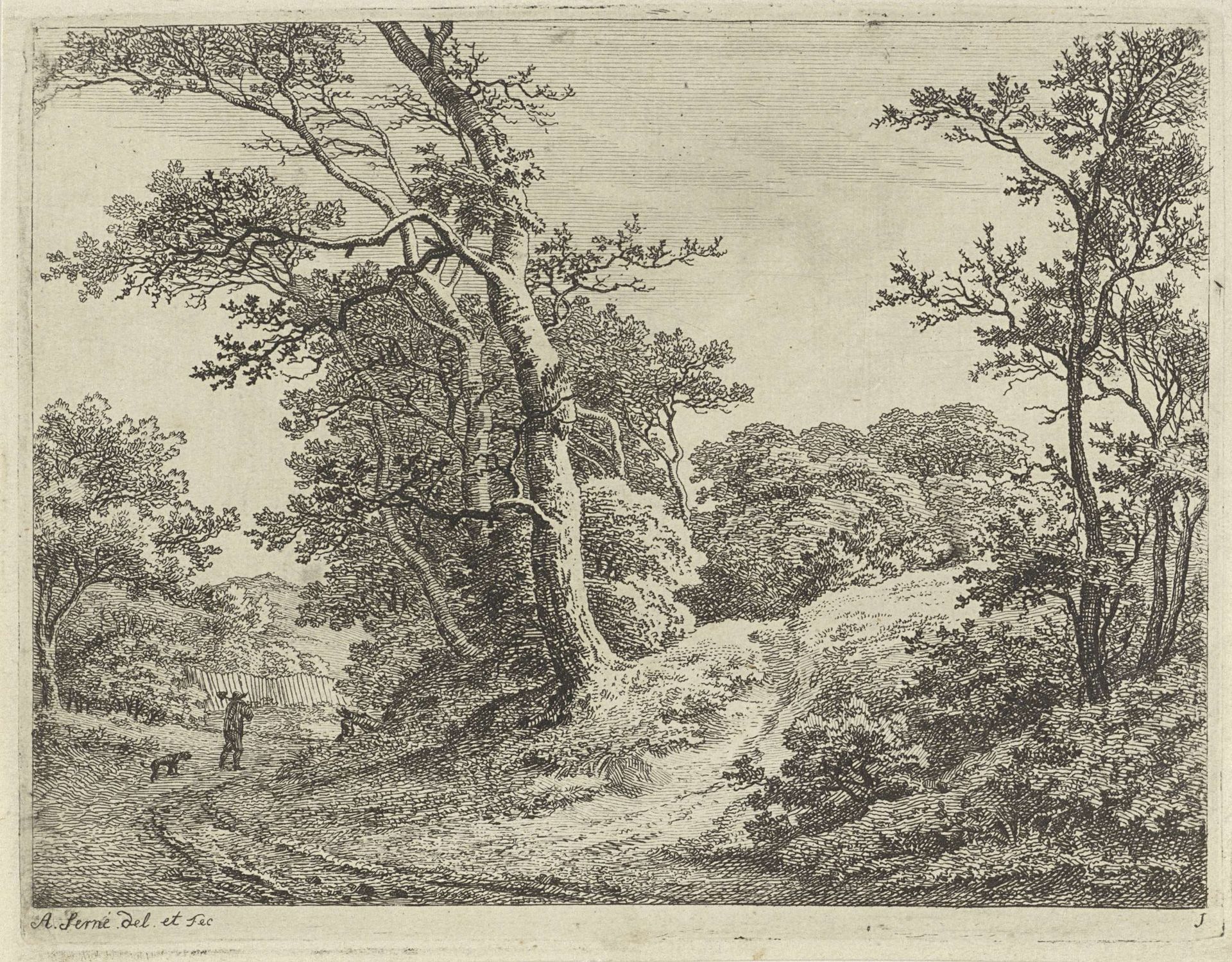 Weg langs een met bomen begroeide heuvel by Adrianus Serné