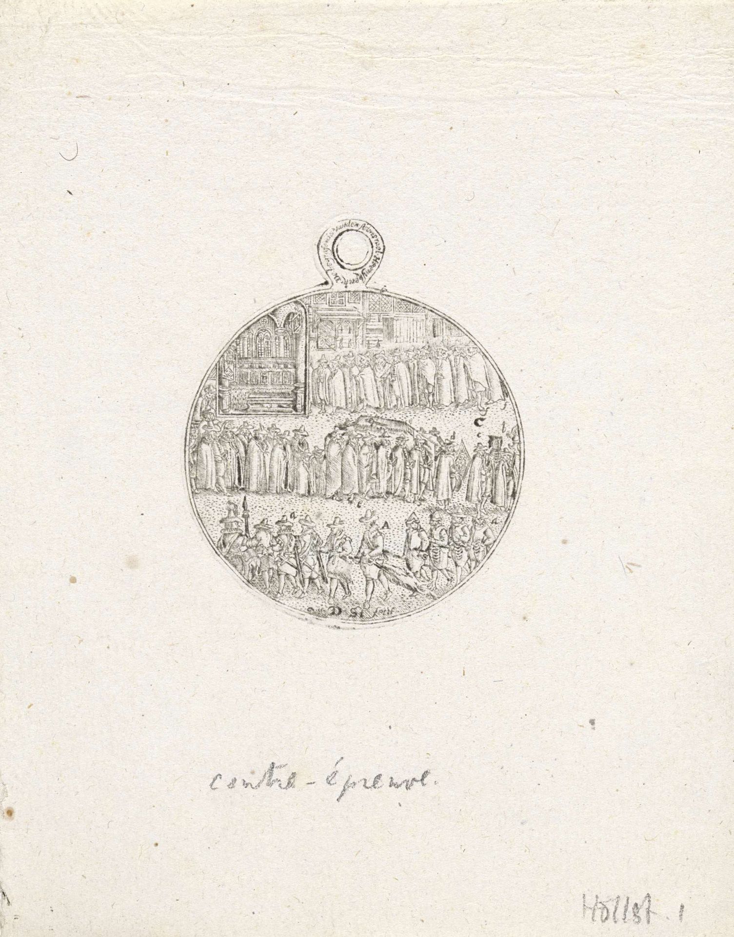 Afdruk van de achterzijde van een gegraveerde penning met de begrafenis van Jacob van Heemskerck by Dirck Strijcker