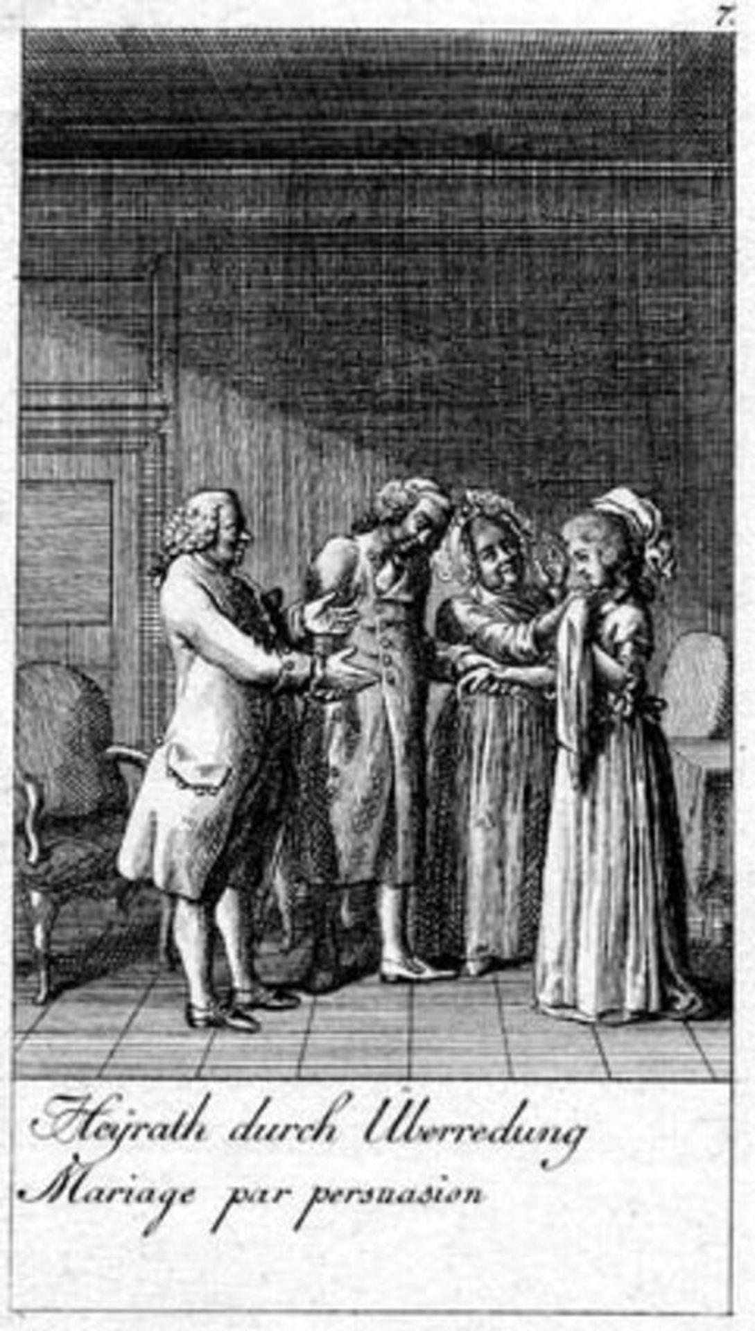 Illustration til bevæggrunde til giftermål og deres følger (Heyrath durch Überredung Mariage par persuasion) by Daniel Nikolaus Chodowiecki