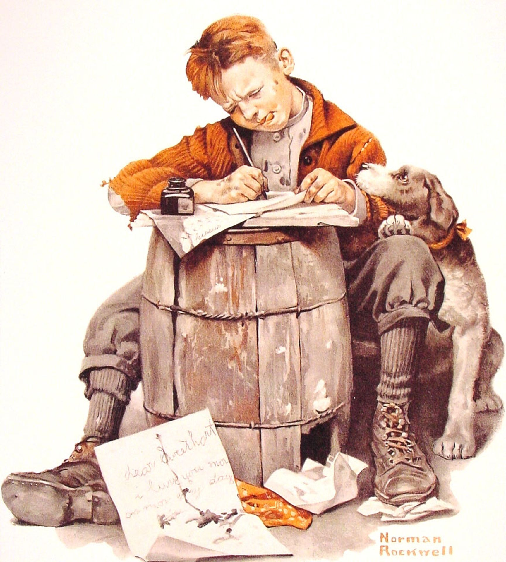 Little boy writing a letter by Norman Rockwell