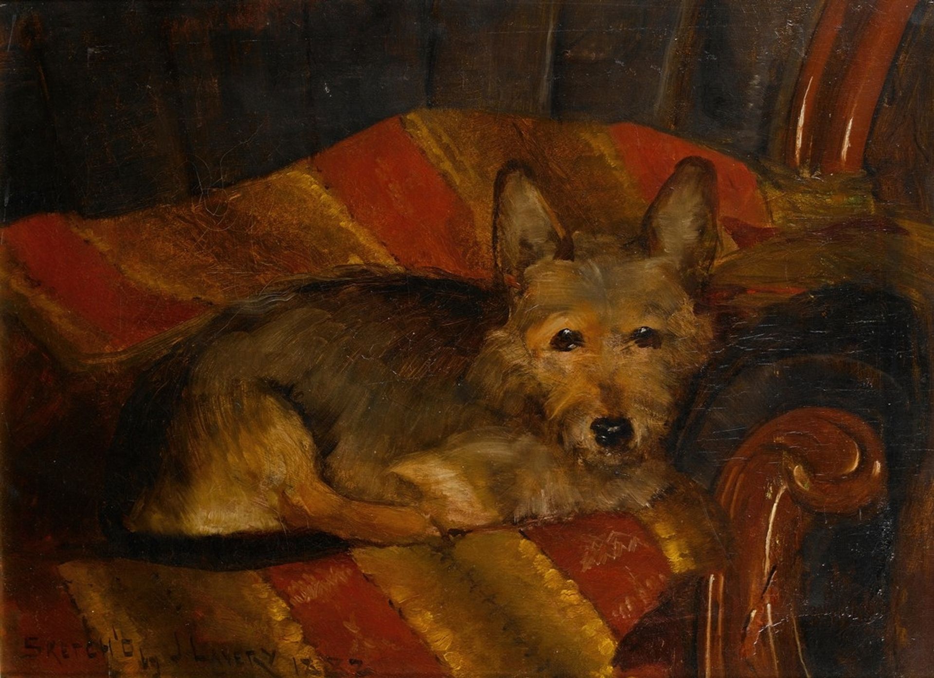 Dog on a chair by Sir John Lavery